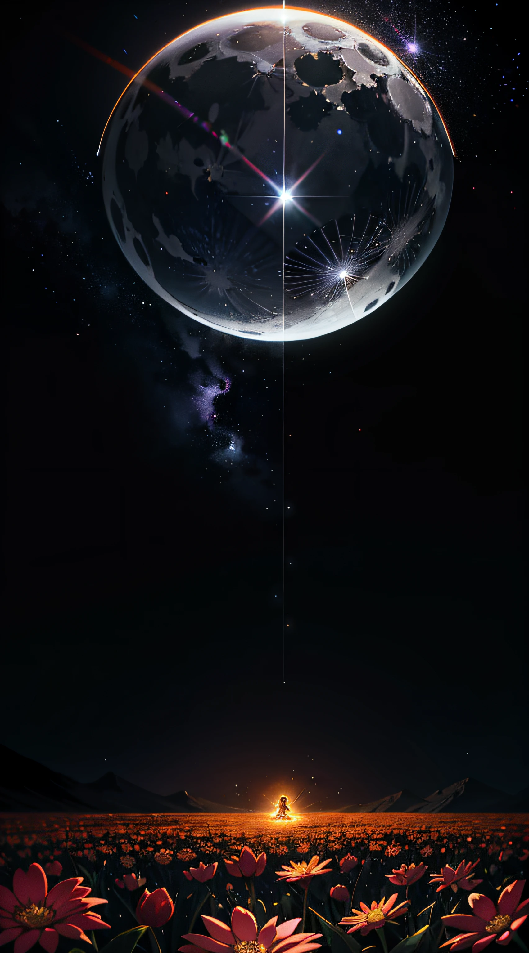 Expansive landscape photograph,(look from down,Above is the sky,Below are open fields),A boy standing on a flower field looking up,(moon full:0.9),(meteors:0.9),(Colorful nebula:1.3),Far Mountain, the trees ,(Warm light source:1.2),(glowworm:1.2),lamp lights,Lots of purple and orange,Complicated details,Ray traching,Volumetriclighting,Realism BREAK(tmasterpiece:1.2),(best qualtiy),4K,Ultra-detailed,(dynamic compositions:1.4),The is very detailed,Colorful details,(Irridescent color:1.2),(luminouslighting,Atmospheric lighting),dream magical,magical,(独奏:1.2)