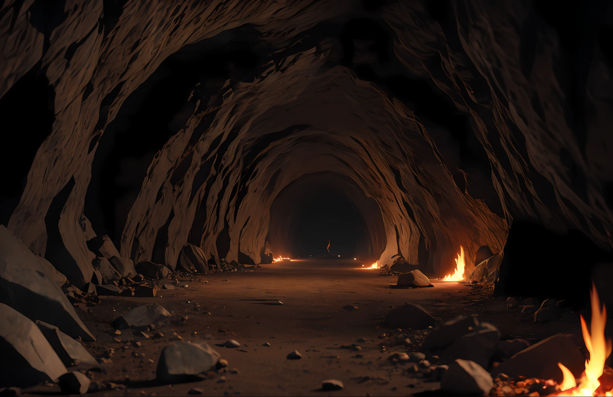 A cavern tunnel with torches lighting up the walls, blood, dirt, fire, smoke(8k, RAW photo, best quality, masterpiece:1.2), ultra detailed, official art, photo-realistic:1.37, film grain, octane render, high quality render,