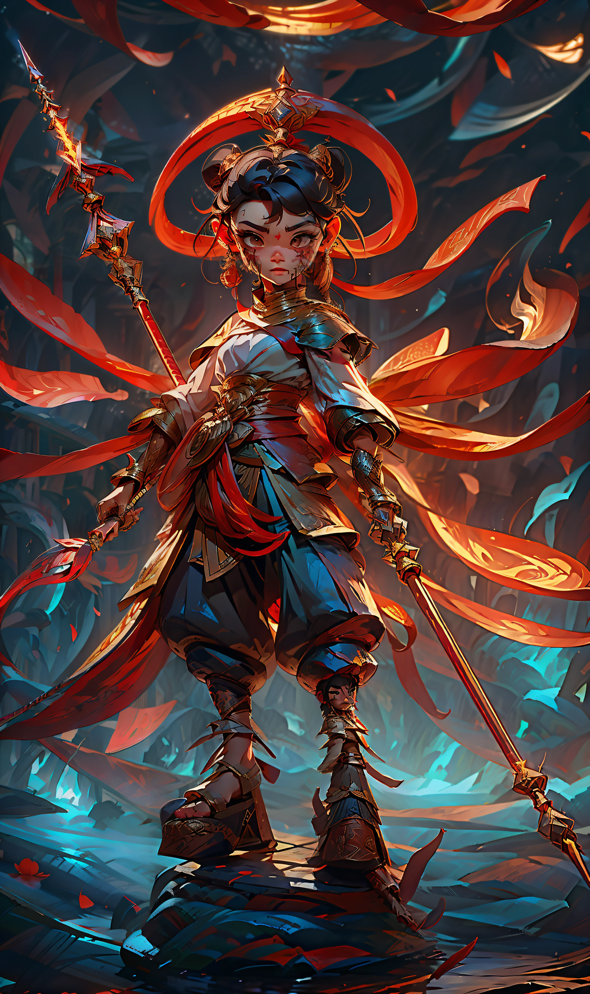 A *********** with blood on her face, a spear in her hand, a fire wheel on her feet, and a red silk on her body, a Chinese mythology