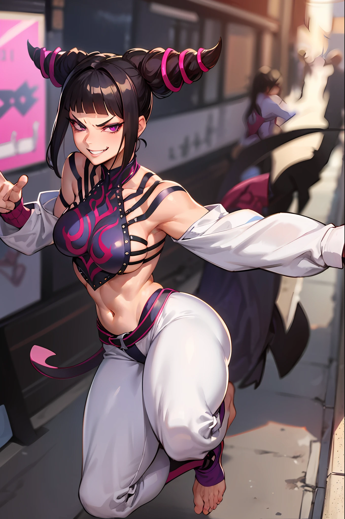 SFW, 30 year old woman, sexy mature asian woman, oval face, detailed face and eyes, beautiful purple iris, white eyeballs, JURIMS, SFIV, hair horns, extremely delicate lips, (very suggestive smile:1.2), evil smile, wicked smile, smirk, angry fighting pose, baggy white pants, leg kicking high in air, thick thighs, barefoot, medium breasts, purple eyes, long eyelashes, thick eyelashes, 8k uhd, HDR ,extremely detailed CGunity 8k wallpaper, city street, crowd of people, full body, wide angle, sigma 35mm lens, full body, (8k), (4k), looking at viewer,