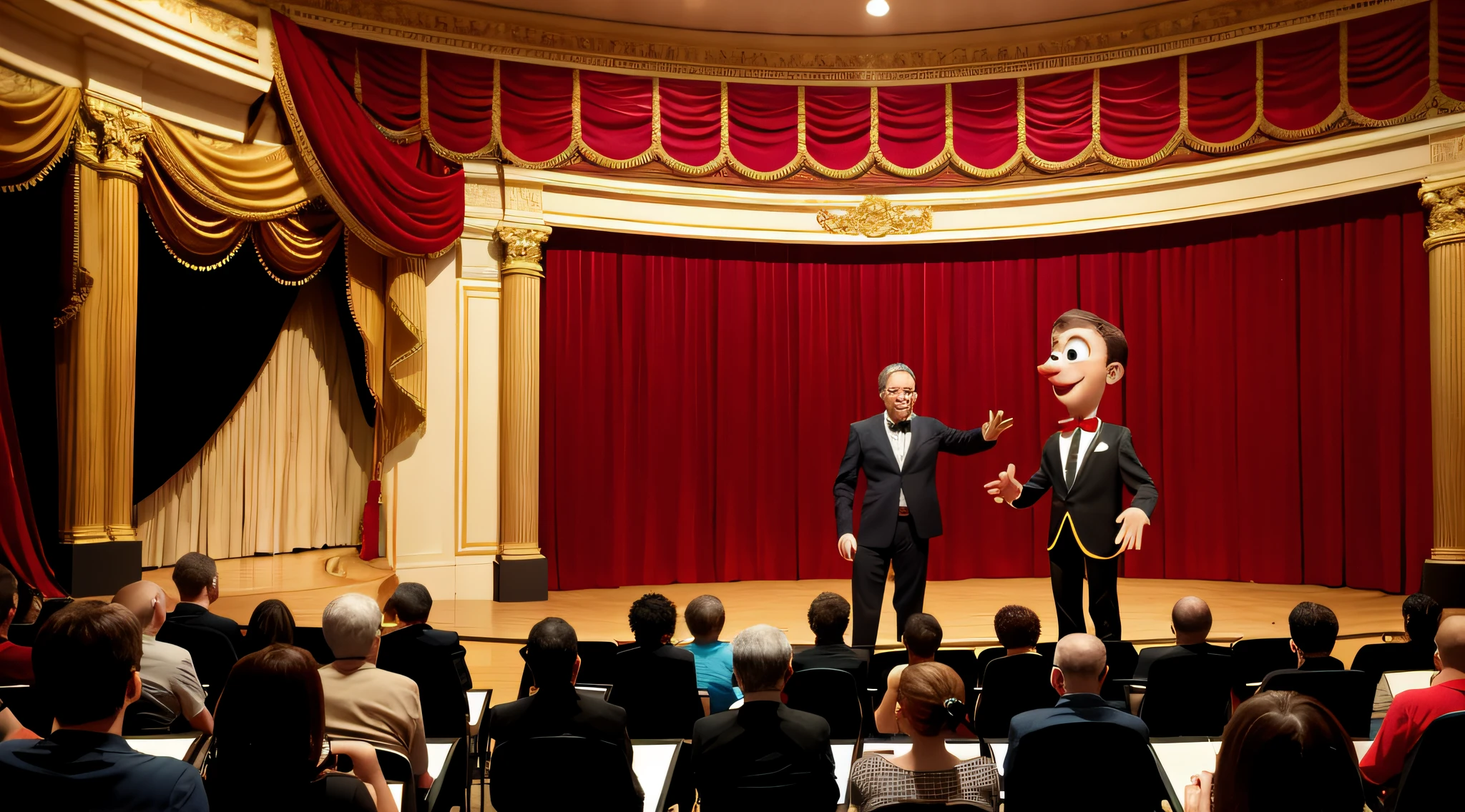 A theater stage with a man controlling a ventriloquist's puppet. Pessoas assistem na plateia