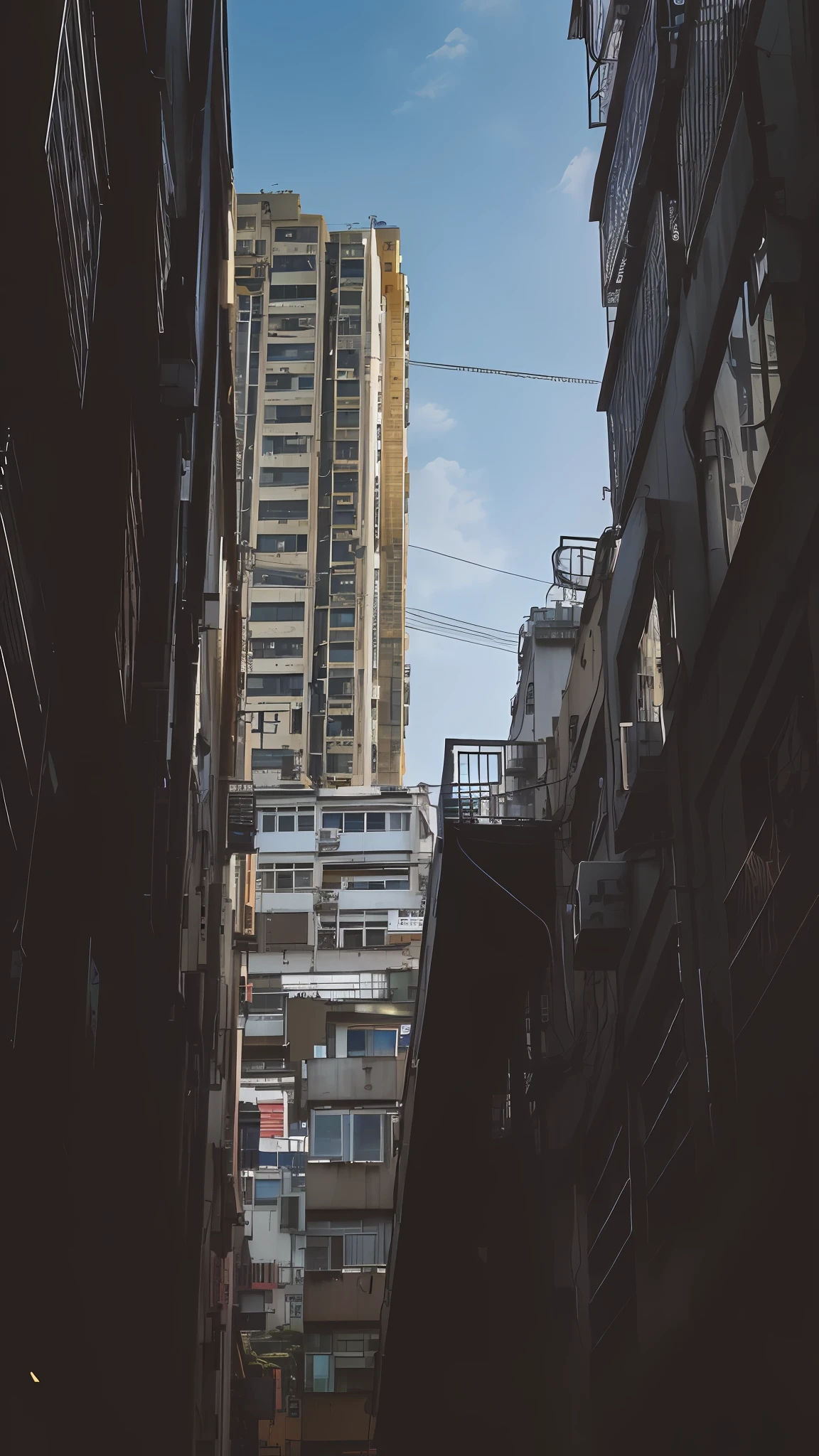 Draw view of tall buildings in city on sky background, the neat and dense buildings, hong kong buildings, tall buildings on the sides, 2 4 mm iso 8 0 0 color, street of hong kong, shot on leica sl2, street of hong kong, in a narrow chinese alley, High-rise buildings, low angle photo, street perspective