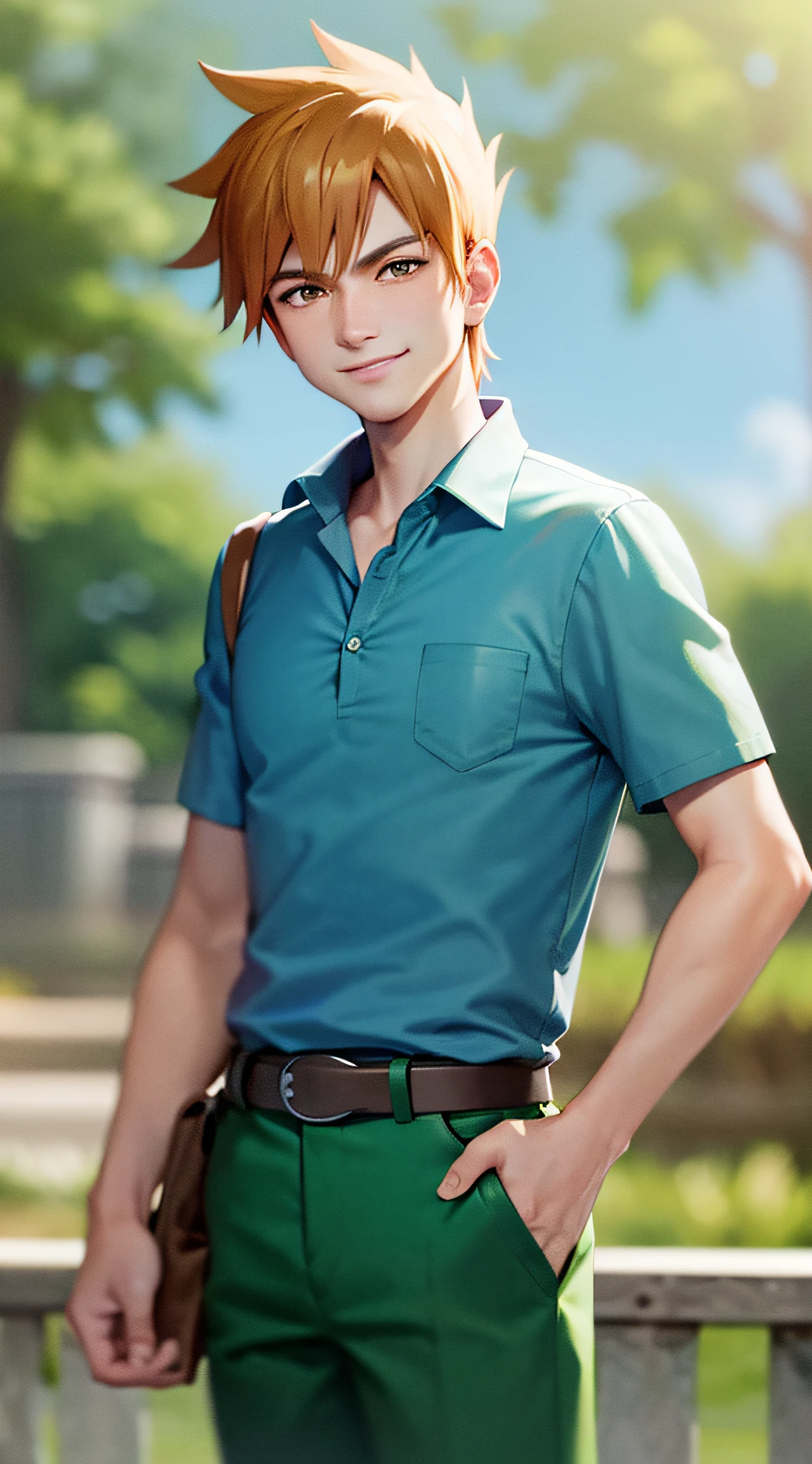 (masterpiece, best quality:1.2), cowboy shot, solo, male focus, 1boy, blue oak, smile, looking at viewer, hand in pocket, collared shirt, short sleeves, green pants, shoulder bag