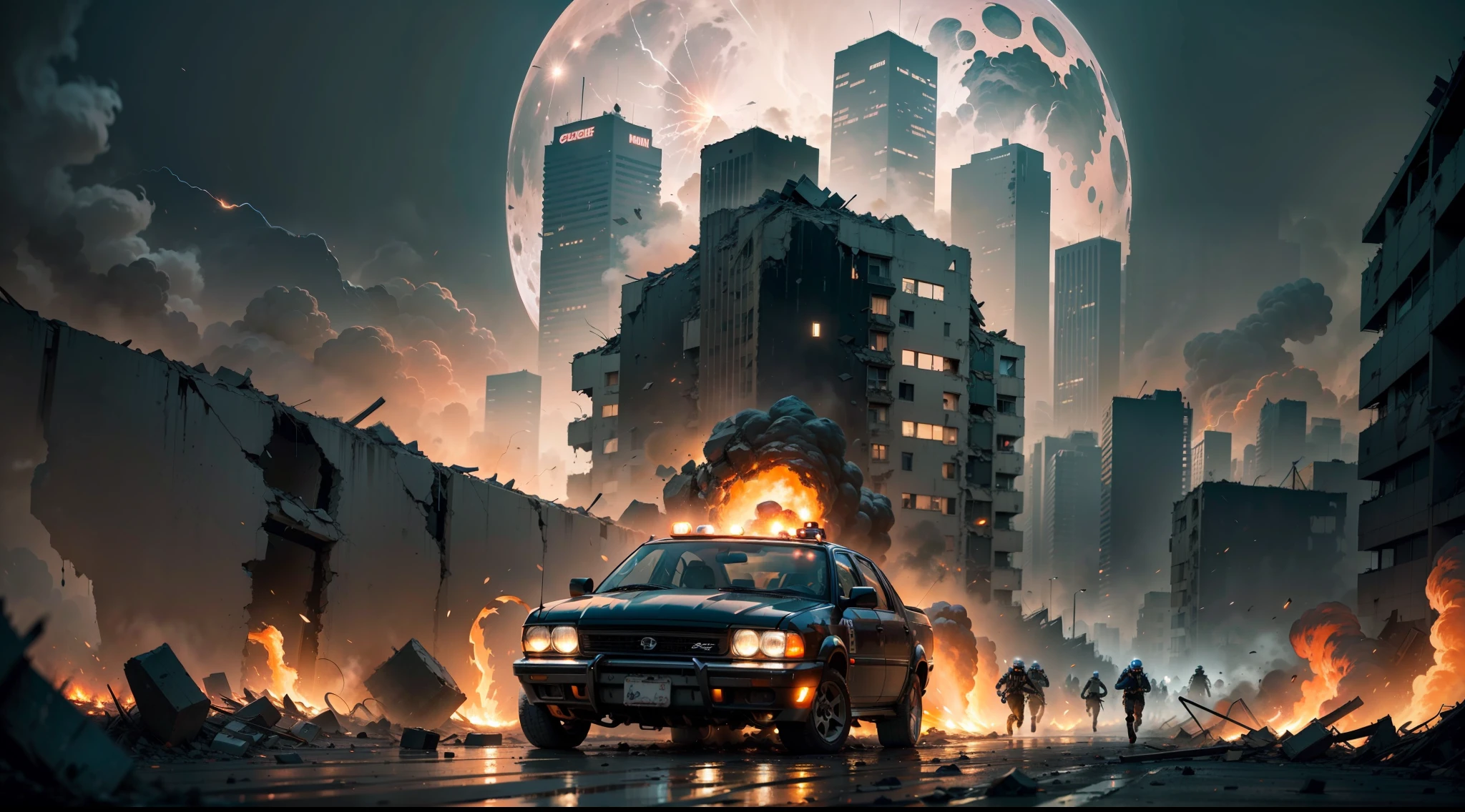 A cataclysmic earthquake shatters a city at night, creating a scene of apocalyptic horror. Skyscrapers topple and fall as the earth cracks open beneath them. Gigantic crevasses tear apart the asphalt, dragging vehicles and people into the abyss. Chaos and fear reign as survivors run for their lives amid the rubble and smoke. A bright full moon casts a cold light over the ruined metropolis, contrasting with the fiery explosions and sparks. Painted in dark and dramatic oil colors with expressive and sweeping brushstrokes