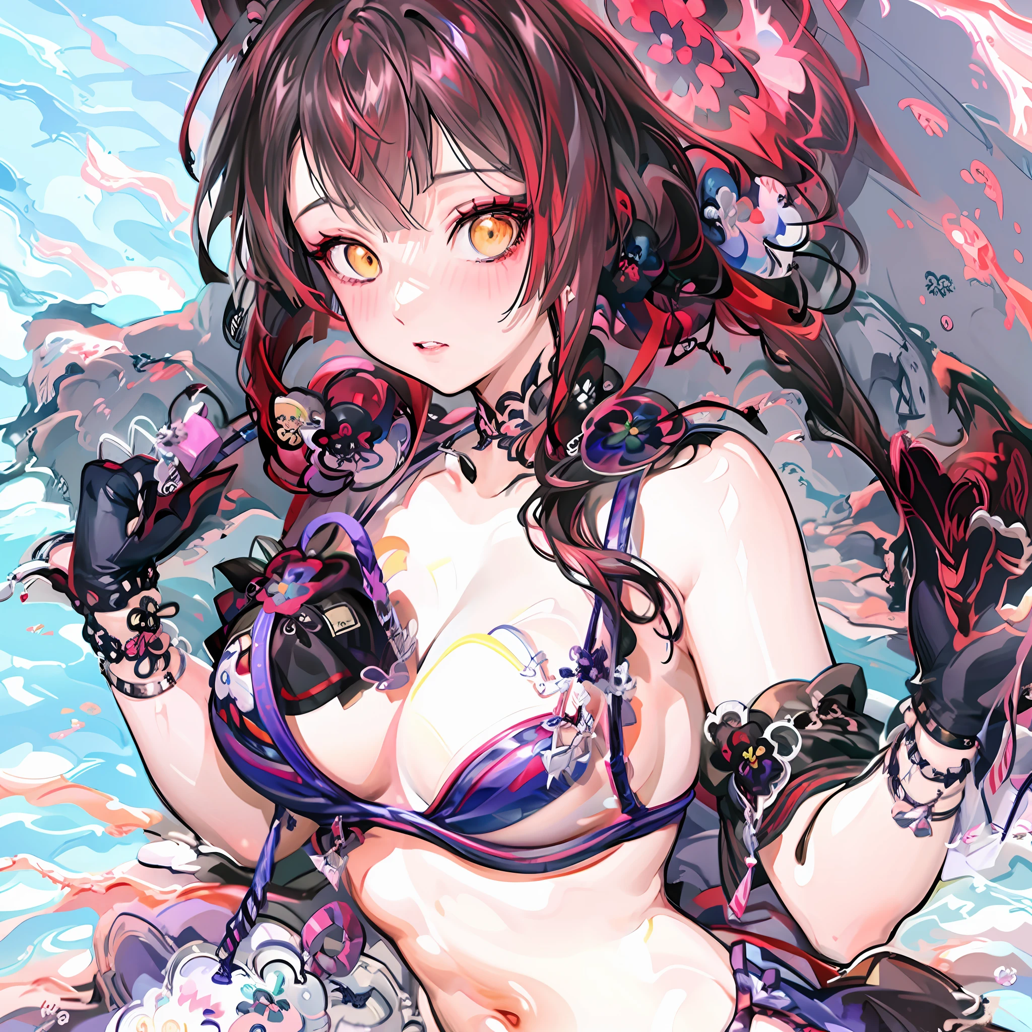 Anime girl in bikini with umbrella and bow in pool, swimsuit, Pisif, at pixiv, rias gremory, bathing suit, seductive anime girls, Sling bikini, Attire: Bikini, Pisif 3DCG, Highest rated on Pisif, Pisif Contest Champion, Bikini. background of hell. gore, Pisif daily ranking, in a bikini