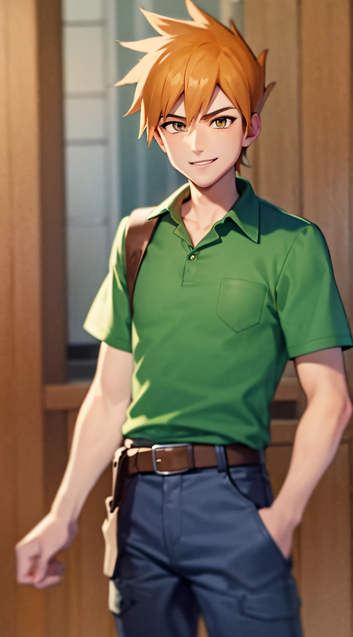 (masterpiece, best quality:1.2), cowboy shot, solo, male focus, 1boy, blue oak, smile, looking at viewer, hand in pocket, collared shirt, short sleeves, green pants, shoulder bag