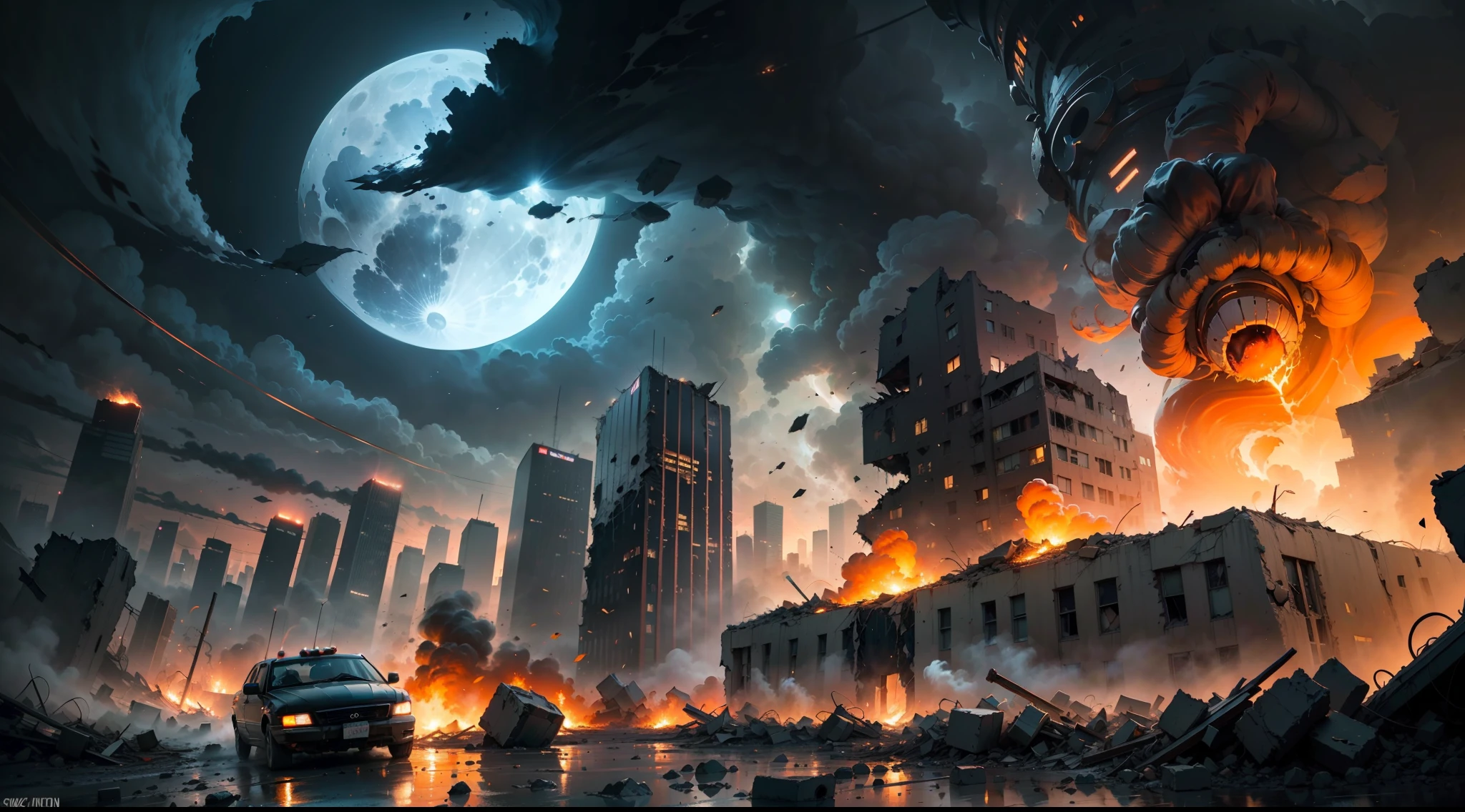 A cataclysmic earthquake shatters a city at night, creating a scene of apocalyptic horror. Skyscrapers topple and fall as the earth cracks open beneath them. Gigantic crevasses tear apart the asphalt, dragging vehicles and people into the abyss. Chaos and fear reign as survivors run for their lives amid the rubble and smoke. A bright full moon casts a cold light over the ruined metropolis, contrasting with the fiery explosions and sparks. Painted in dark and dramatic oil colors with expressive and sweeping brushstrokes