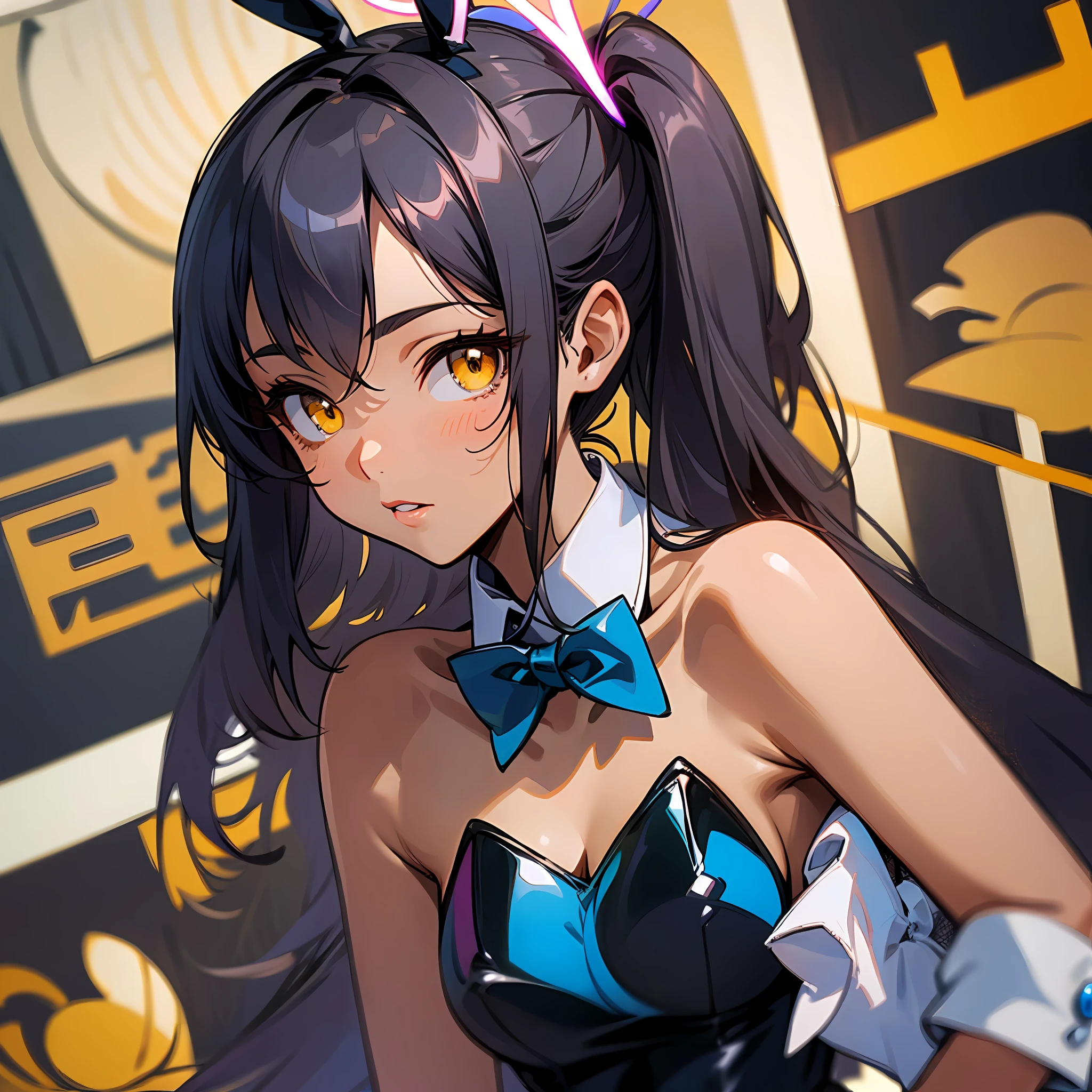 masterpiece、top-quality、karin、1girll、Halo、A dark-haired、length hair、yellow eyes、dark skinned female、official alternate costume、rabbitears、a playboy bunny、Black Leotard、fishnet tights、Removal collar、Blue bow tie、white glove、Wrist cuffs、poneyTail、(((up close shot)))