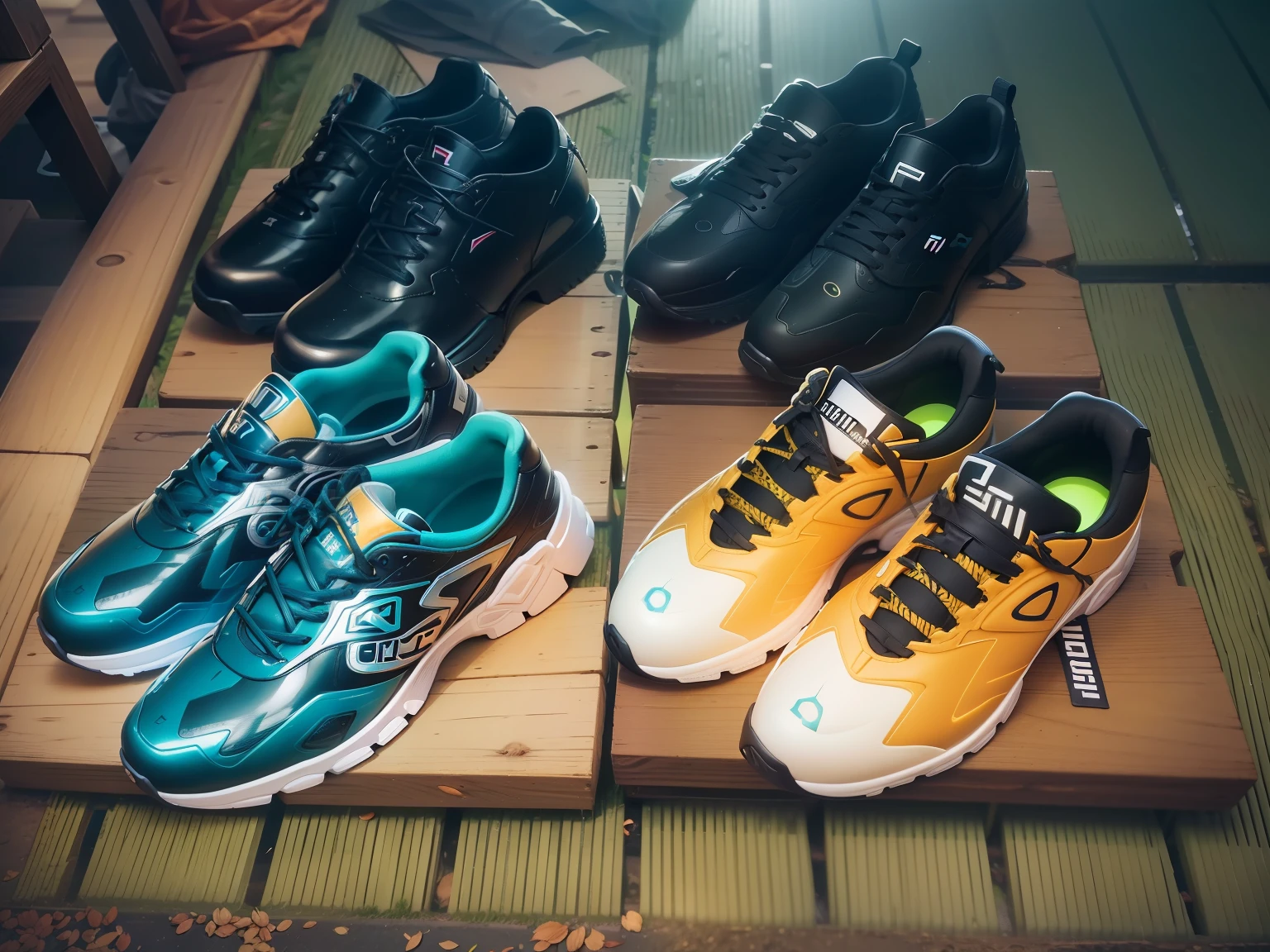 cyber punk style,The shoes are engraved with the FILA logo,neon light background,offcial art, 统一 8k 壁纸, ultra - detailed, tmasterpiece, Best quality at best, primitive,tmasterpiece,ultra fine photos,best qualtiy,超高分辨率,Photoreality,rays of sunshine,Amazingly handsome,dynamicposes,delicated face,opulent,Highly detailed shoes,realistic detail,tack sharp focus,volume fog,8K UHD,digital SLR camera,high qulity,filmgrain,photo-realism --auto