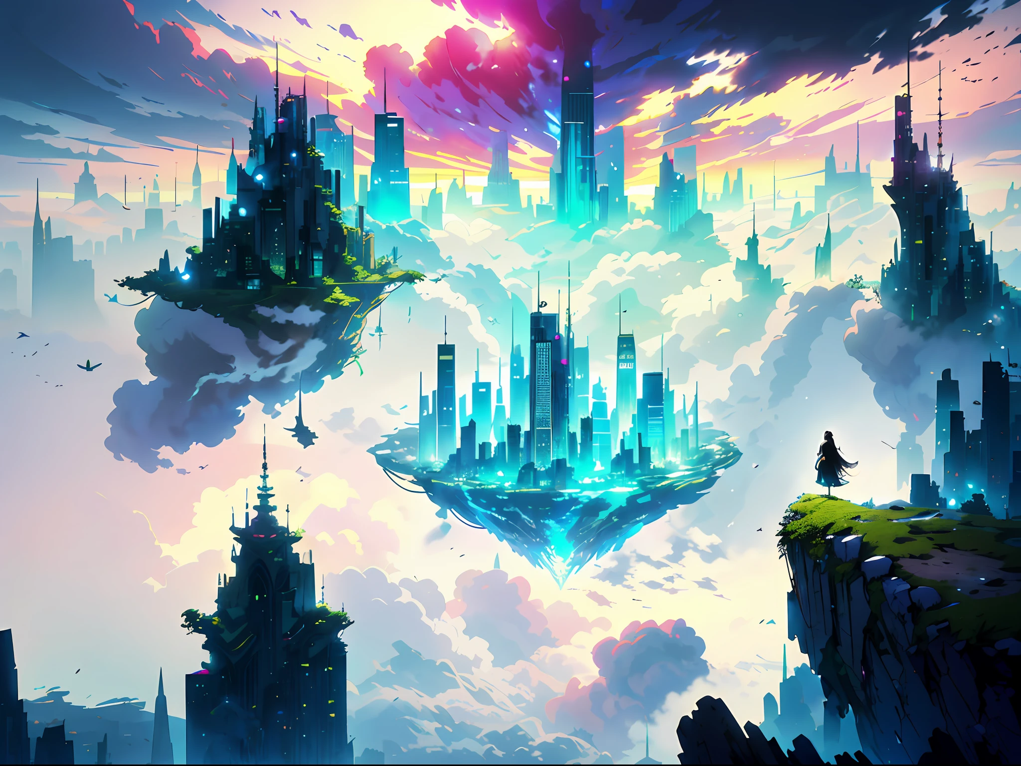 octane render, bioluminescent,8K resolution concept art, realism,by Mappa studios,masterpiece,best quality,official art,illustration,ligne claire,(cool_color),perfect composition,absurdres, fantasy,focused,(in the air),(above the cloud:1.4),(finely detailed modern lost_city:1.3),(lost_city towering above the clouds:1.2),epic,(focus_girl:1.2),(girl in city peak of Broken bridge), sitting on the verge of that bridge looking at the far horizons,rule of thirds,anime_face,fine-tuning face, detailed eyes,cute face,black hair, finely detailed fantasy traveler clothes,calm expression ,overhead_viewer,wind blow at viewer,fantastic plant,book,Giant World Tree,motion,(depth_of_field), extension image, view from above