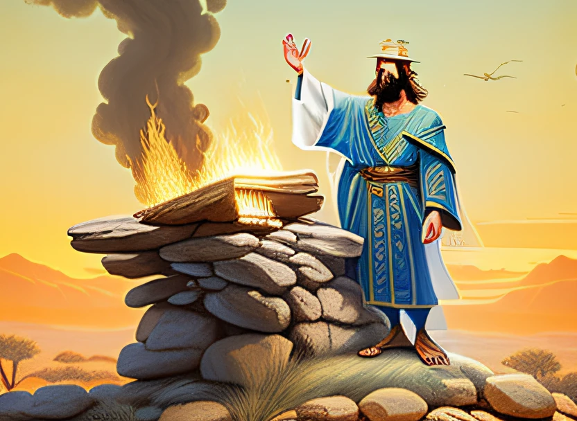 Jesus and his Son standing on a pile of rocks with a fire in the background, epic biblical representation, moses, Ancient Biblical, human sacrifice, joseph and joseph, holy ceremony, biblical clothing, imagem do avatar, em frente ao deserto em chamas, Imagem absolutamente excepcional, biblical epic movie, biblical image, Directed by: John Atherton, To destroy Satan's kingdom, biblical art