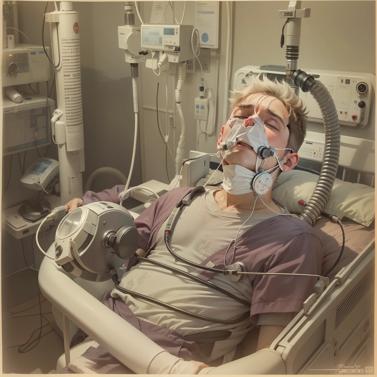 20-year-old man in agony, intubated and on a ventilator in a hospital ICU, eyes closed