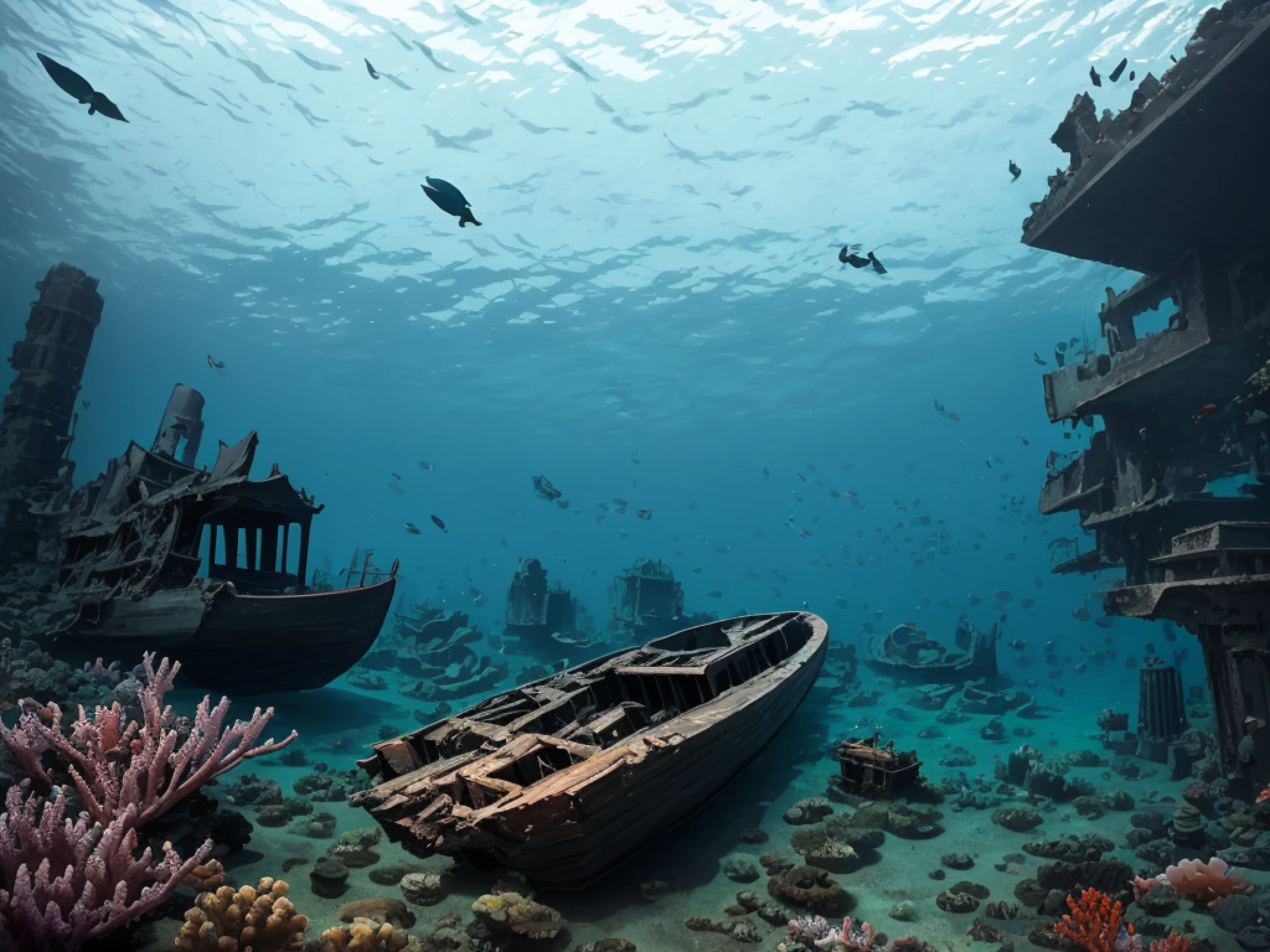 There was a boat floating in the water, sunken ships, Portrait of a shipwreck, Fallen wooden boat, amazing depth, shipwreck, wreckage, underwater scenery, undersea environment, underwater landscape, underwater environment, submerged temple scene, Under the water, underwater scenery, an underwater city, an underwater city, sinking underwater,archaeology,relic,Ming dynasty style,Wooden construction,tumulus,Vista wreckage,Close-up of the ruins,Underwater garden,adventuring,shadowy,archaeology,Chinese Ancient Times,wood,aquatic plants