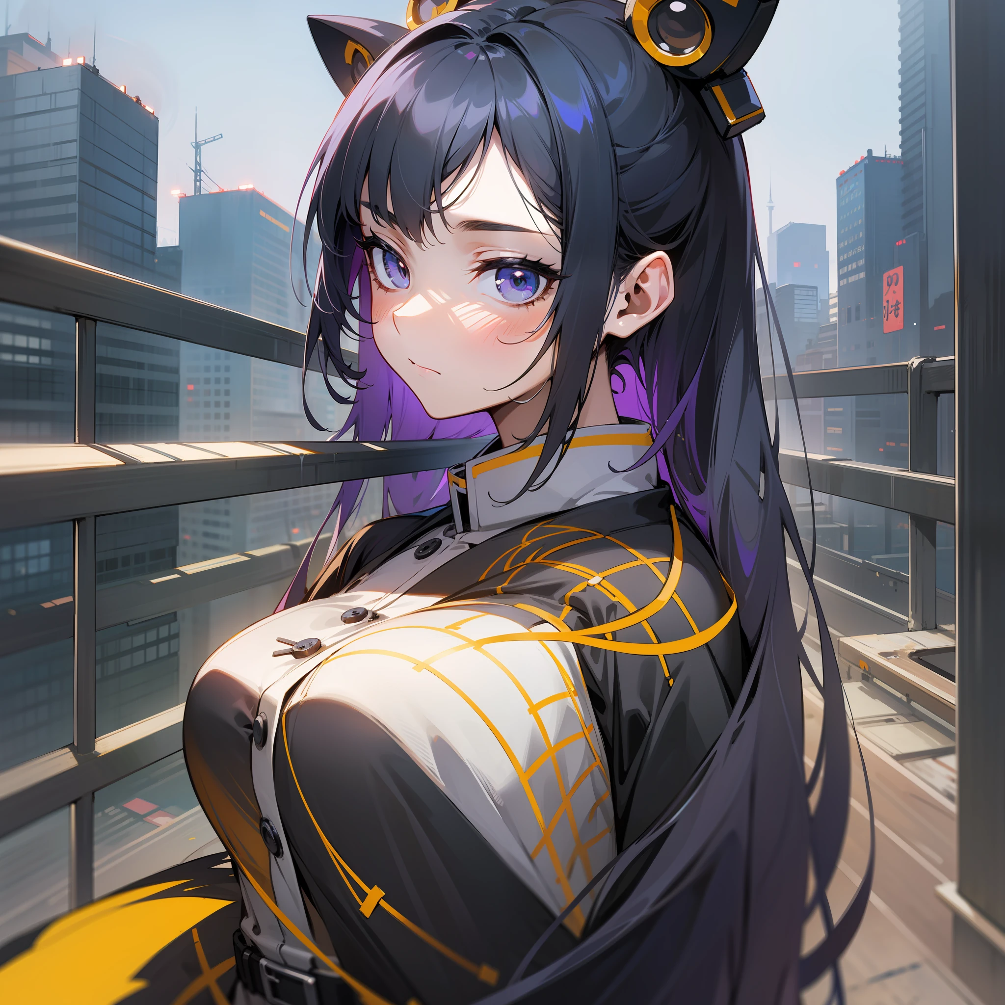 Top image quality、ultra-detailliert、8K、ultra-detailliert、Top image quality、1 girl in、Japan beauties、adult-like、Beautiful fece、drooing eyes、big eye、20yr old、Black surface hair、indigo hair on the back、Slim Faces、a cold expression、full body Esbian、Big breasts、Lustrous hair、Black uniform、Orange ribbon、Yellow button、A very large sickle in his left hand、Long skirt、Black skirt、a belt、Long-sleeved uniform、Neon City、highrise buildings、Dark place、Electronic panel、Near the future、City of the Future、Turning away、posterior view、The face is front、Facing the front、Team Uniform