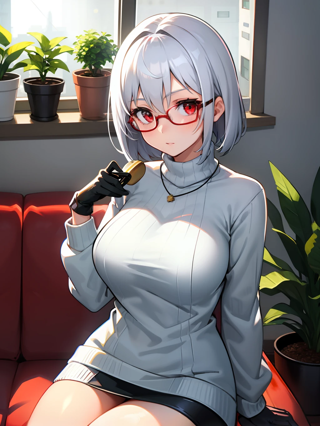 1girl in、Solo、eye glass、Sweaters、Sitting、gloves、short-haired、looking at me、Black Gloves、Black Frame Glasses、a plant、red eyes、inside in room、turtle necked sweater、white hair、Closed、long-sleeve、window、teak、White sweater、flask、Turtleneck Cardigan、breastsout、potted plant