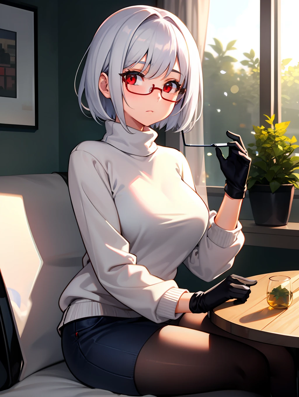 1girl in、Solo、eye glass、Sweaters、Sitting、gloves、short-haired、looking at me、Black Gloves、Black Frame Glasses、a plant、red eyes、inside in room、turtle necked sweater、white hair、Closed、long-sleeve、window、teak、White sweater、flask、Turtleneck Cardigan、breastsout、potted plant