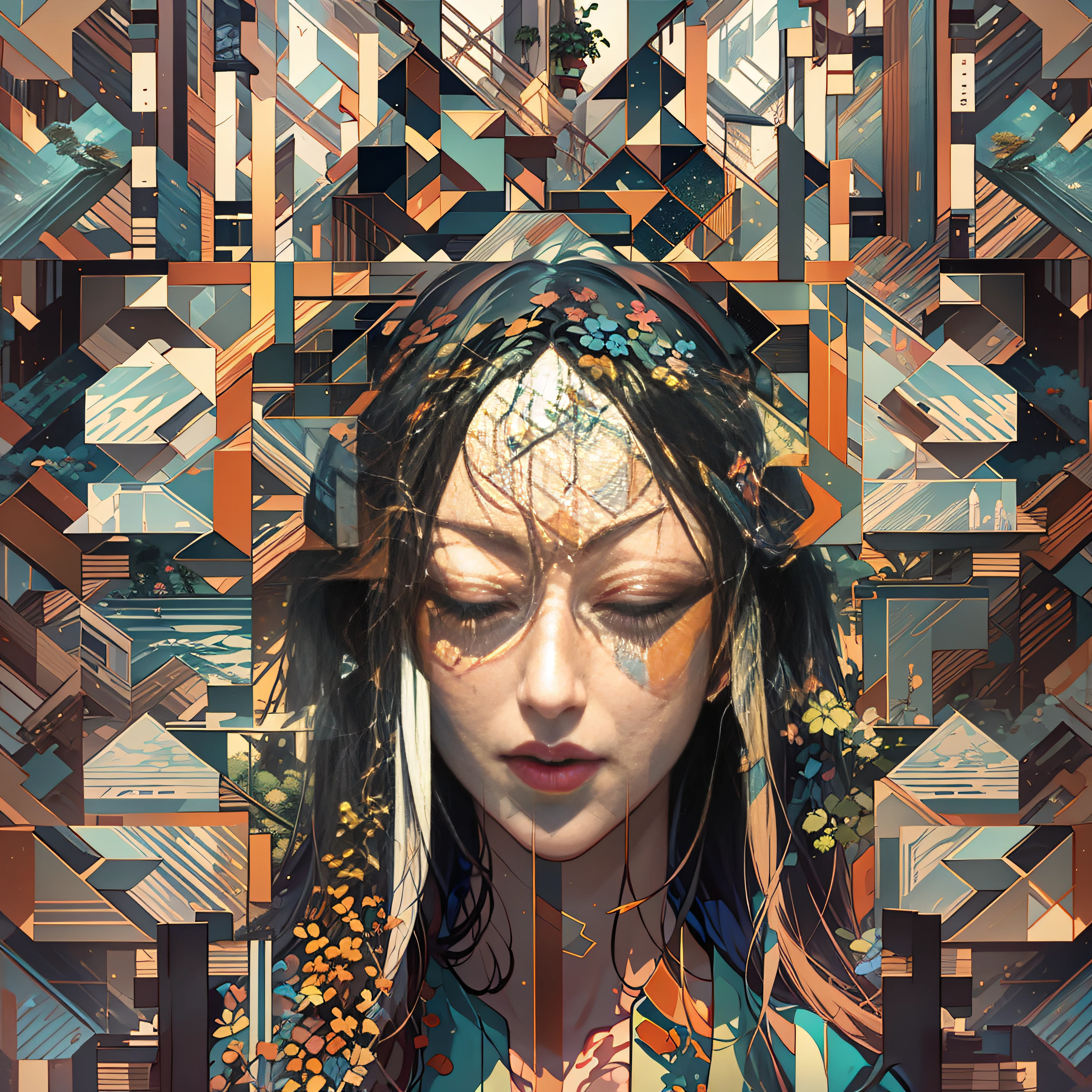 The avatar consists of simple geometric shapes，planar，closeup cleavage，In fantastic installation style，Realistic and imaginative，hang/hang，Multi-layered collage