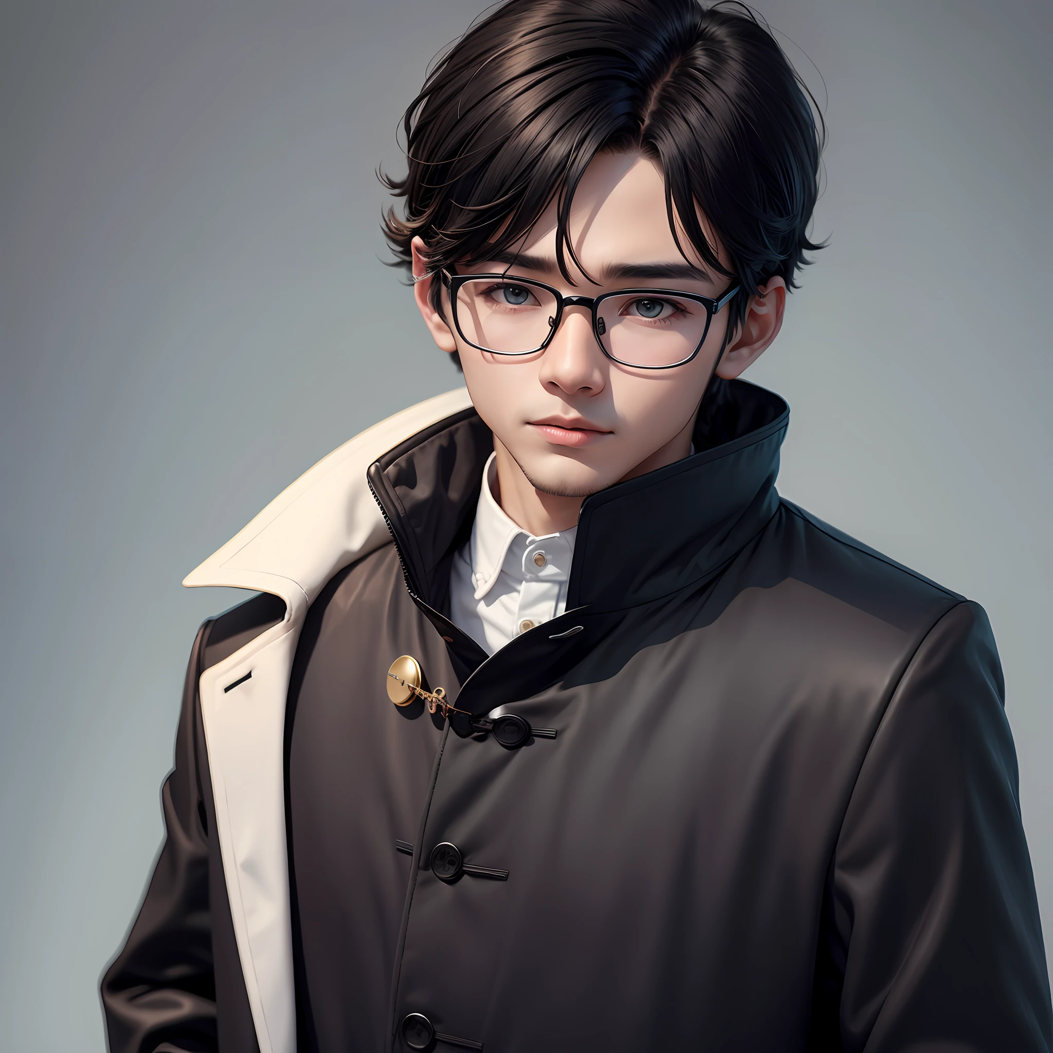 Boy wearing half rim glasses high nose bridge black coat best quality 16k --auto