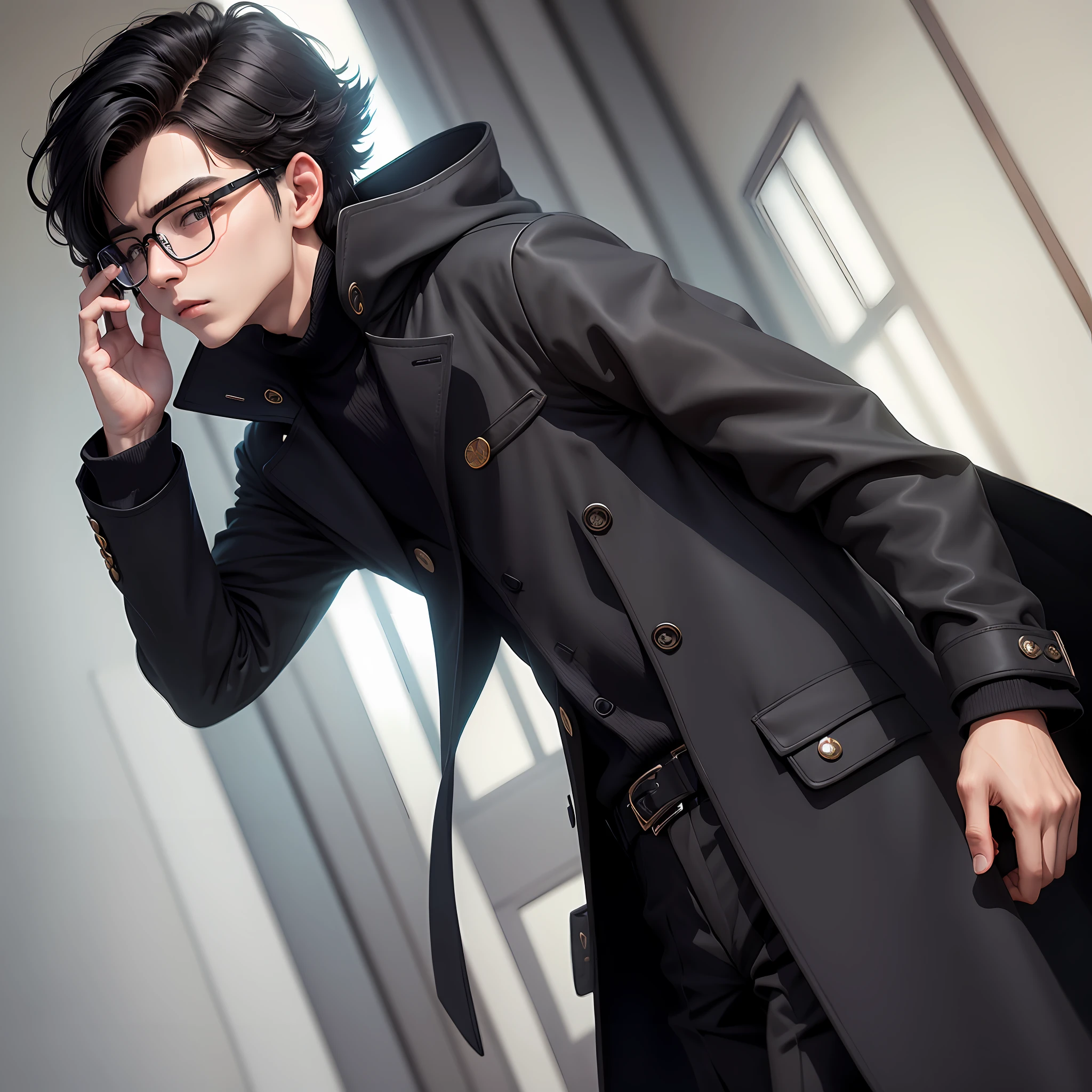 Boy wearing half rim glasses high nose bridge black coat best quality 16k --auto