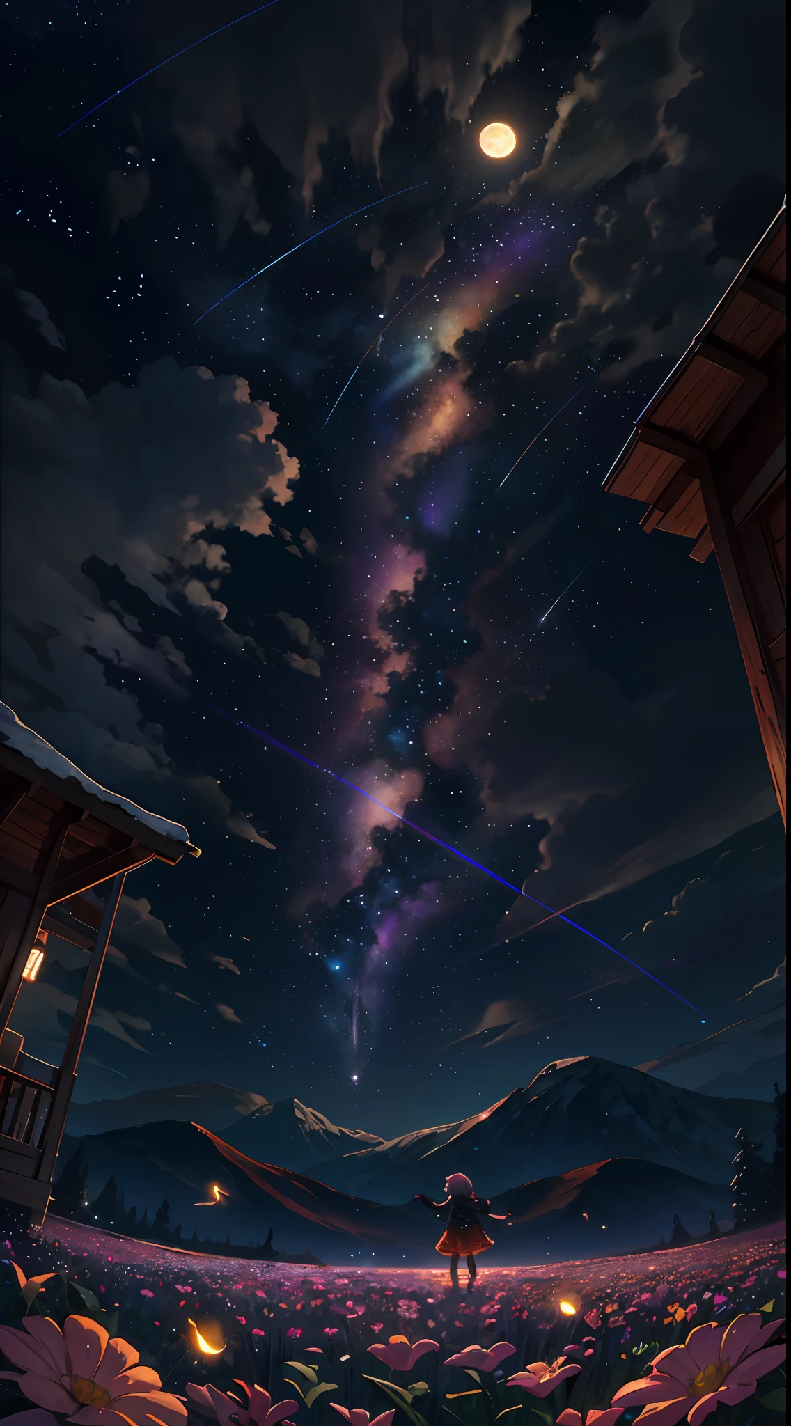 Vast landscape photo, (viewed from below, the sky is above and the open field is below), a girl standing on a flower field looking up, (full moon: 1.2), (meteor: 0.9), (nebula: 1.3), distant mountains , Trees BREAK Crafting Art, (Warm Light: 1.2), (Fireflies: 1.2), Lights, Lots of Purple and Orange, Intricate Details, Volumetric Lighting, Realism BREAK (Masterpiece: 1.2), (Best Quality), 4k, Ultra-Detailed, (Dynamic Composition: 1.4), Very Detailed, Colorful Details, (Rainbow Colors: 1.2), (Glow Lighting, Atmospheric Lighting), Dreamy, Magical, (Solo: 1.2)