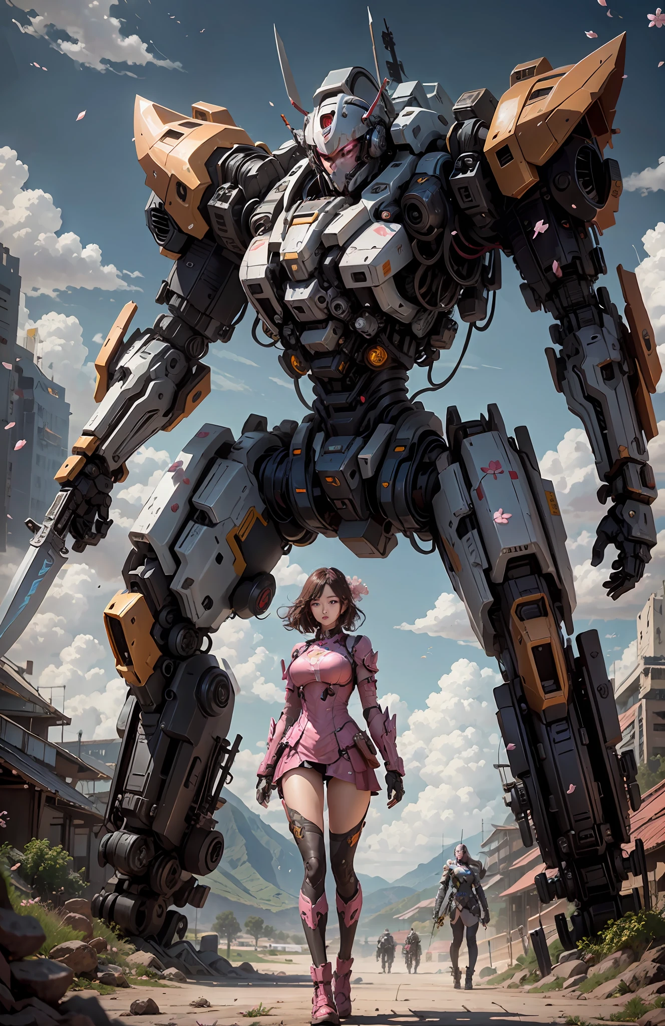 The mech warrior is stout and holding a huge weapon, and the mech beauty is holding a knife, cherry blossom pink