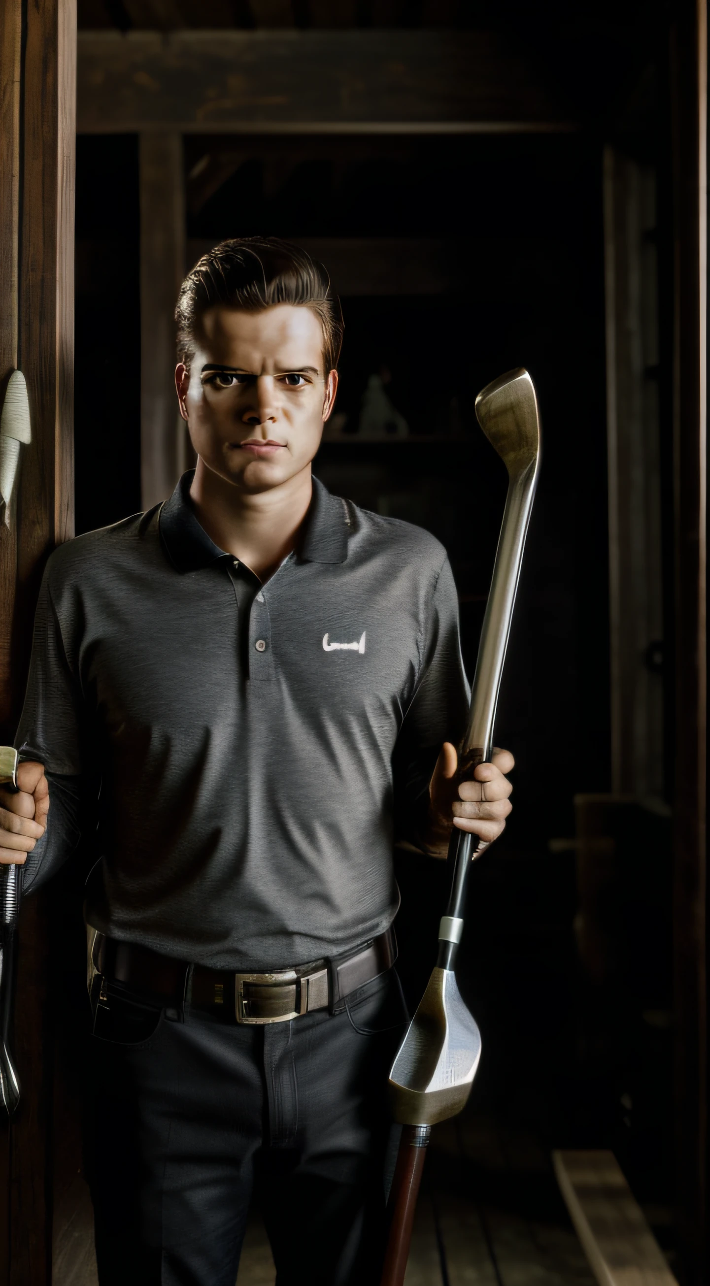 a young man holding a big iron golf club with angry face. The background is in house