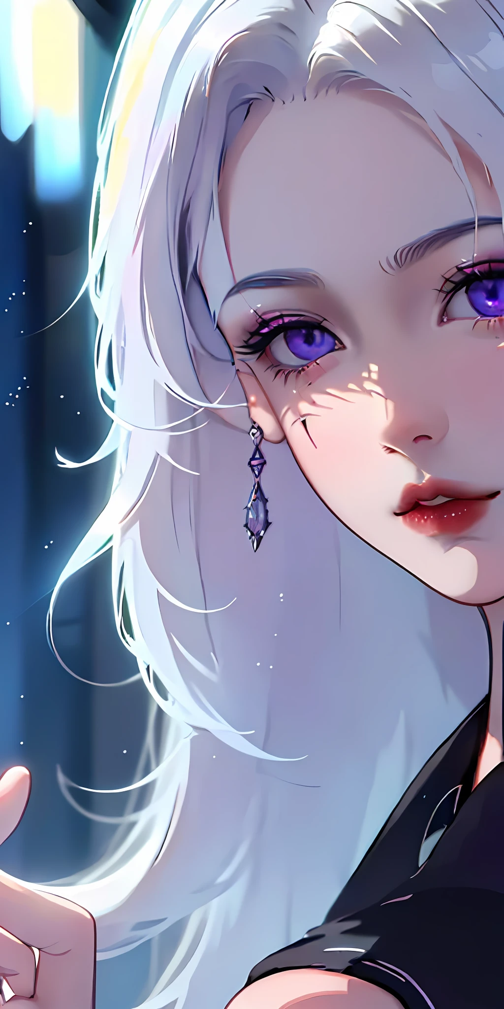 (masterpiece, best quality, ultra-detailed, best shadow), (detailed background,dark fantasy), (beautiful detailed face), high contrast, (best illumination, an extremely delicate and beautiful), ((cinematic light)), colorful, hyper detail, dramatic light, intricate details, (1girl, solo,white hair, sharp face,purple eyes, hair between eyes,dynamic angle), blood splatter, swirling black light around the character, depth of field,black light particles,(broken glass),magic circle,