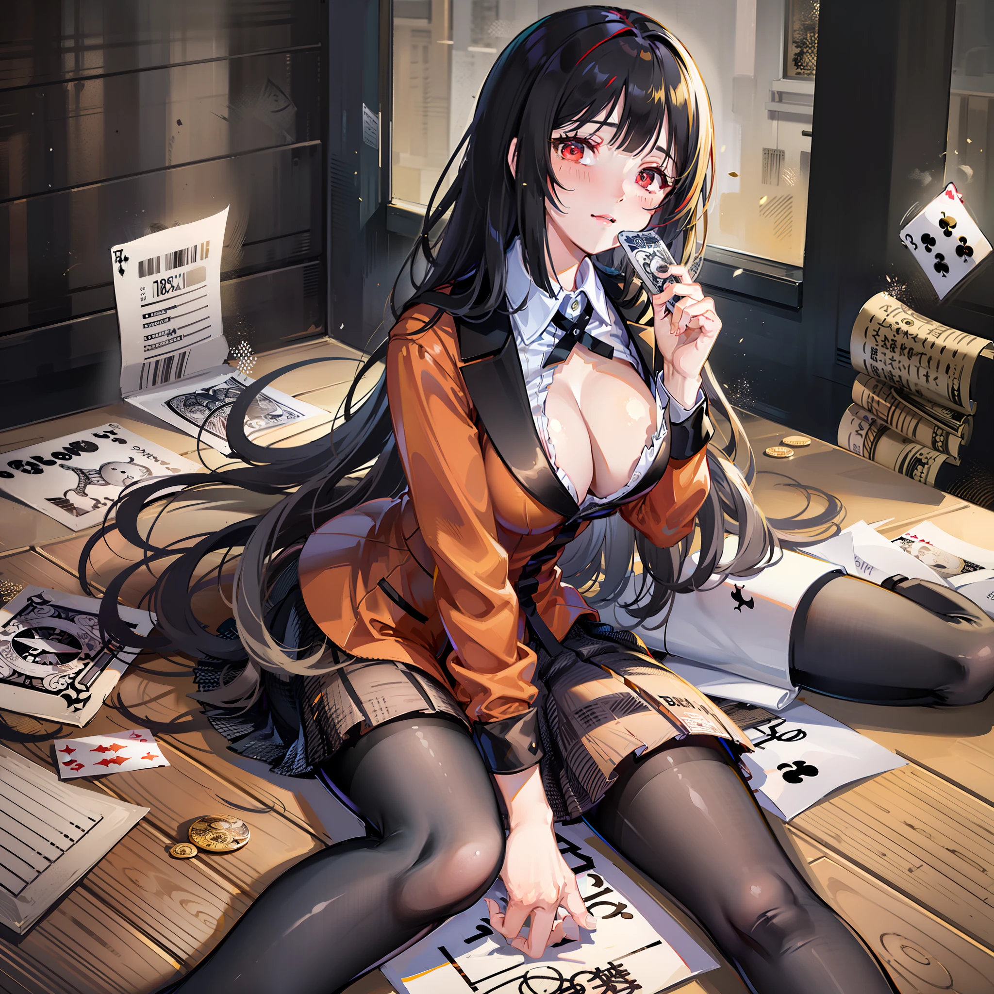 (Golden ratio:1.2),[(Black background:1.4)::10],(Masterpiece), (Best quality), (Ultra detailed),(Disheveled hair),(illustration),(1girll:1.3),Solo,full body,Black hair,Red eyes,Long straight hair,hmjy1, long hair, blunt bangs
hmjy1, long hair, blunt bangs, red eyes, school uniform, red jacket, black pantyhose, white shirt, black ribbon, pleated skirt, long sleeves,school uniform,Medium breasts,Sit at the gaming table,((/There are playing cards and chips on the table))/,Press your index finger on your lips,Blush,Shiny eyes,Blur the border,closeup cleavage,(Yellow banknotes floated down in the sky:1.3)+(Wooden floors:1.2)+(Banknotes on the ground were everywhere like waste paper:1.4)
