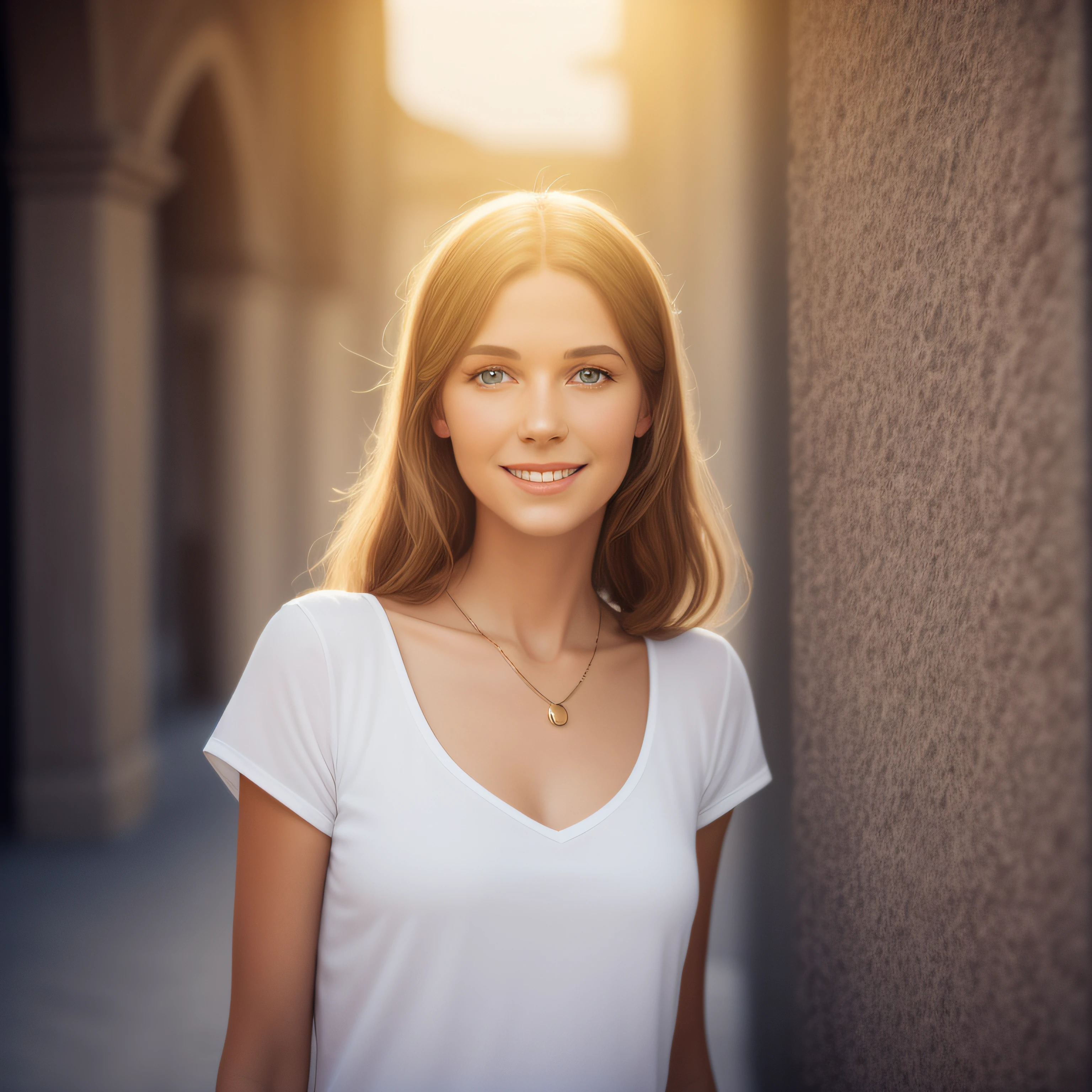 Hyperrealistisches Foto, Portrait of a happy white woman, mid 30's, Stoppelbart, graues Hemd, mittellanges Haar dramatisches Licht, Blick nach unten + Filmkorn, Leica 50mm, Kodak portra 800, Chiaroscuro, f1. 4, Goldene Stunde --ar 3:4 --auto