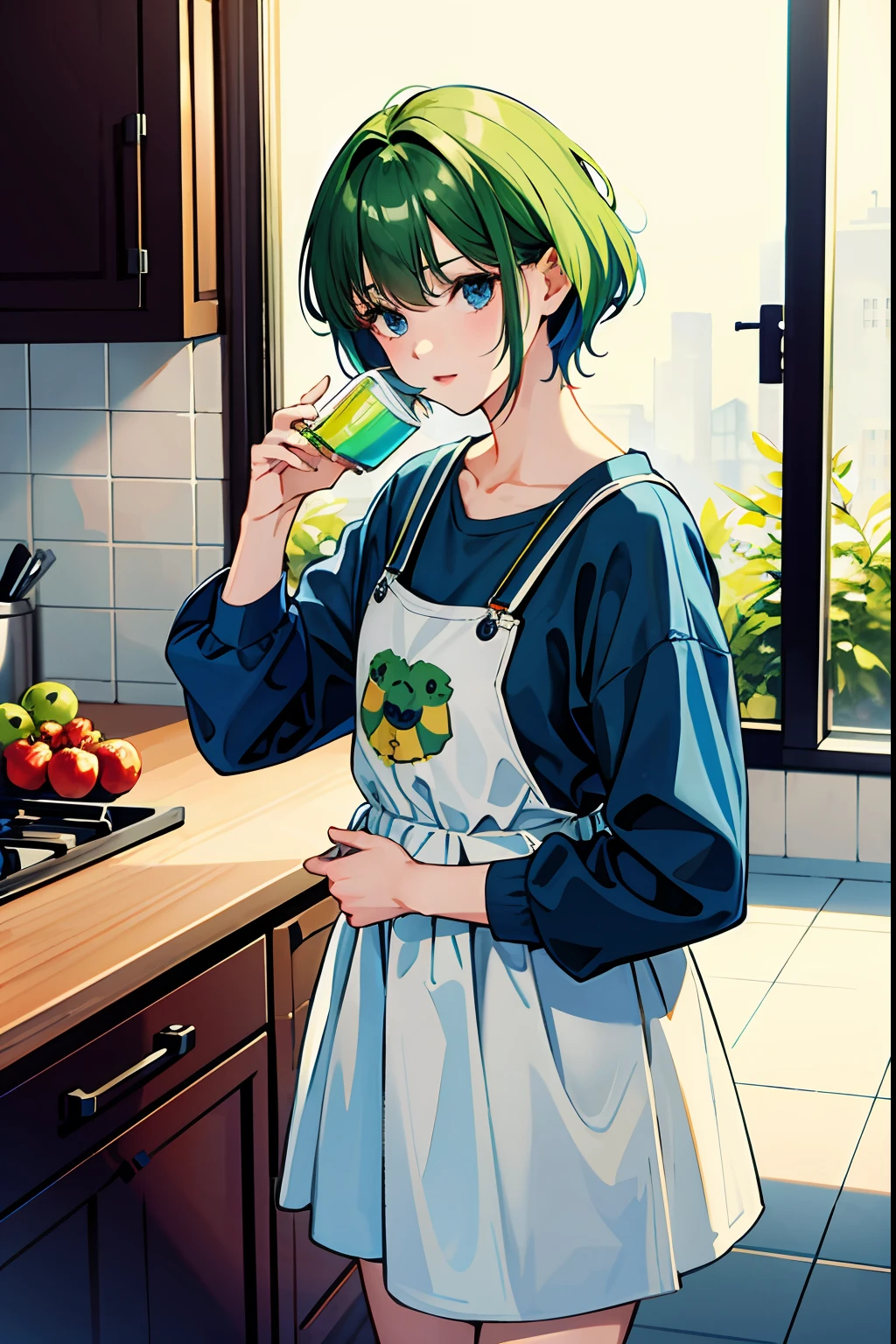 Girl with short green hair straight blue eyes printed fruit juice in the kitchen
