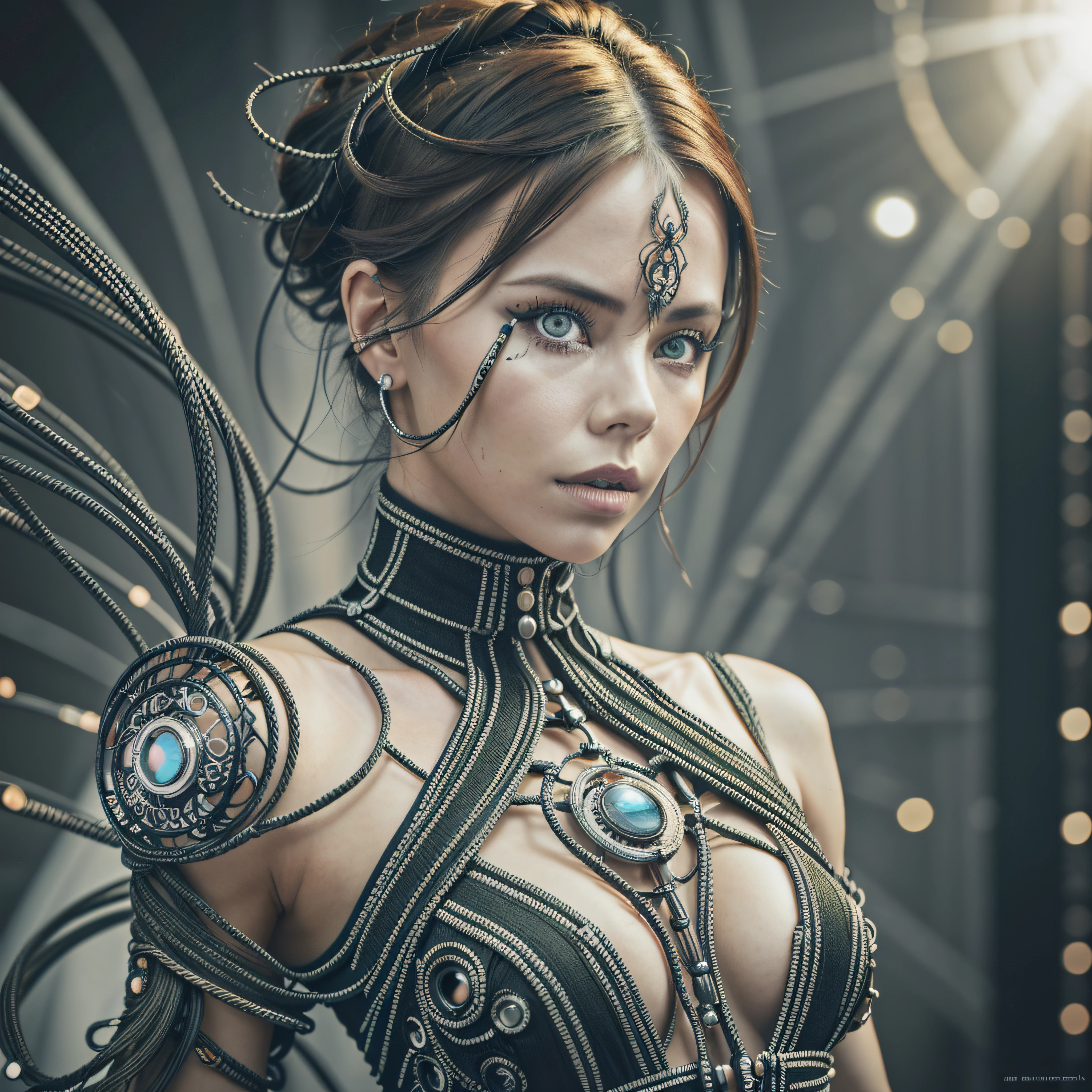 ._Emotions_defiance512, Biomechanical charlize theron hacker - shaman of the sisterhood of cables wearing cable - dress made of cables with biomechanical filigree, super haute couture highly detailed eye, highly detailed lips, highly detailed skin, bokeh, lenseflare, by Emil Melmoth, Marcin Nagraba, Rebecca Millen, shot with Hasselblad X1D - 50c --auto --s2