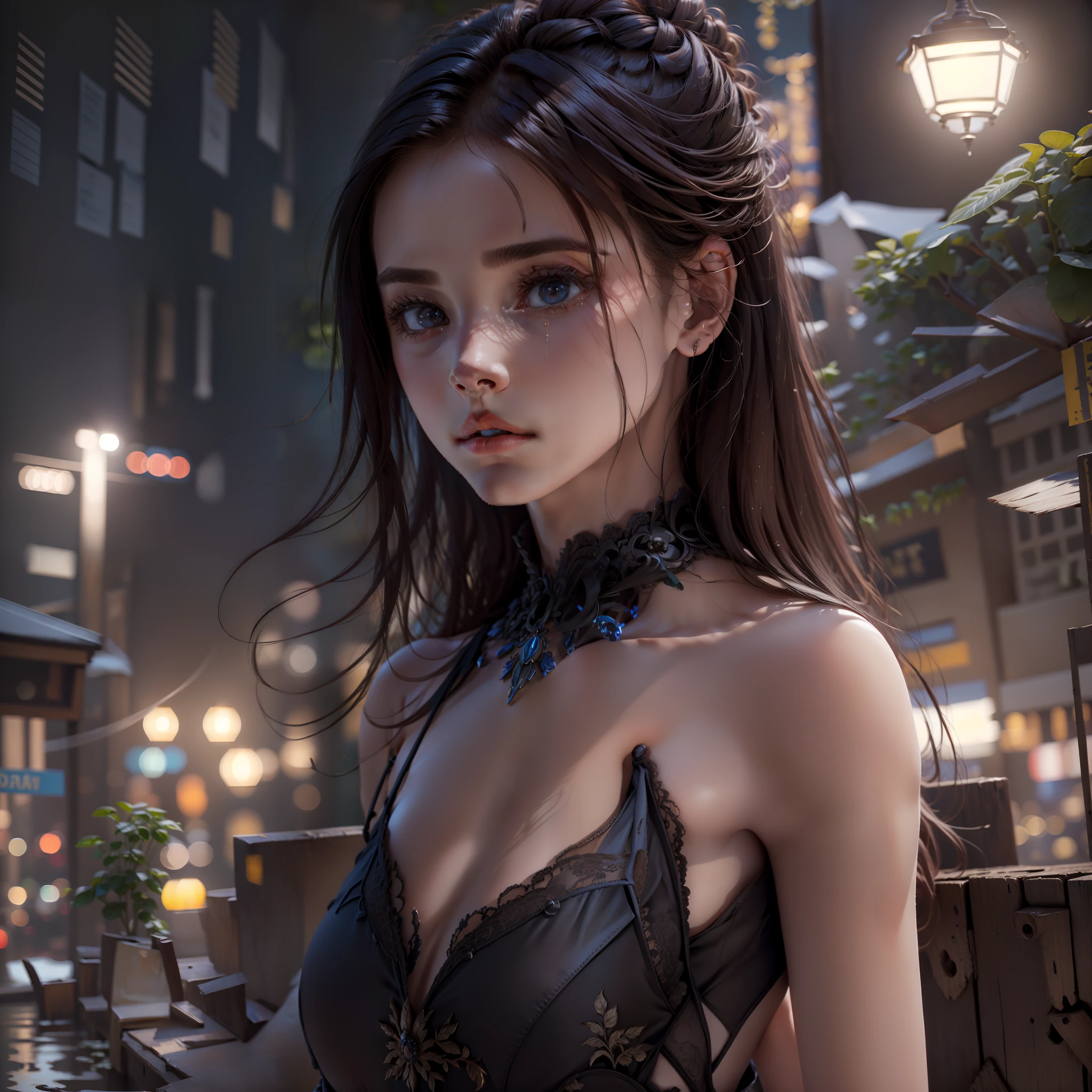 a 18 year old girl,With a petite figure,solo,With a petite figure,meticuloso,big breasts beautiful,Elaborate Eyes,Walk aimlessly on the streets of the night,in a panoramic view, In the dim lights of the distant part of the city,With a look of loss and almost uncontrollable tears,cute little,Smaller bust,realisticlying,3D脸,shiny skin,elegant clothing,torn laundry:1.5,Wet hair,(((bblurry))hyper HD,tmasterpiece,detail texture,textureskin,super detailing,highly details,k hd,high high quality,Award-Awarded,best qualtiy,A high resolution,16k,