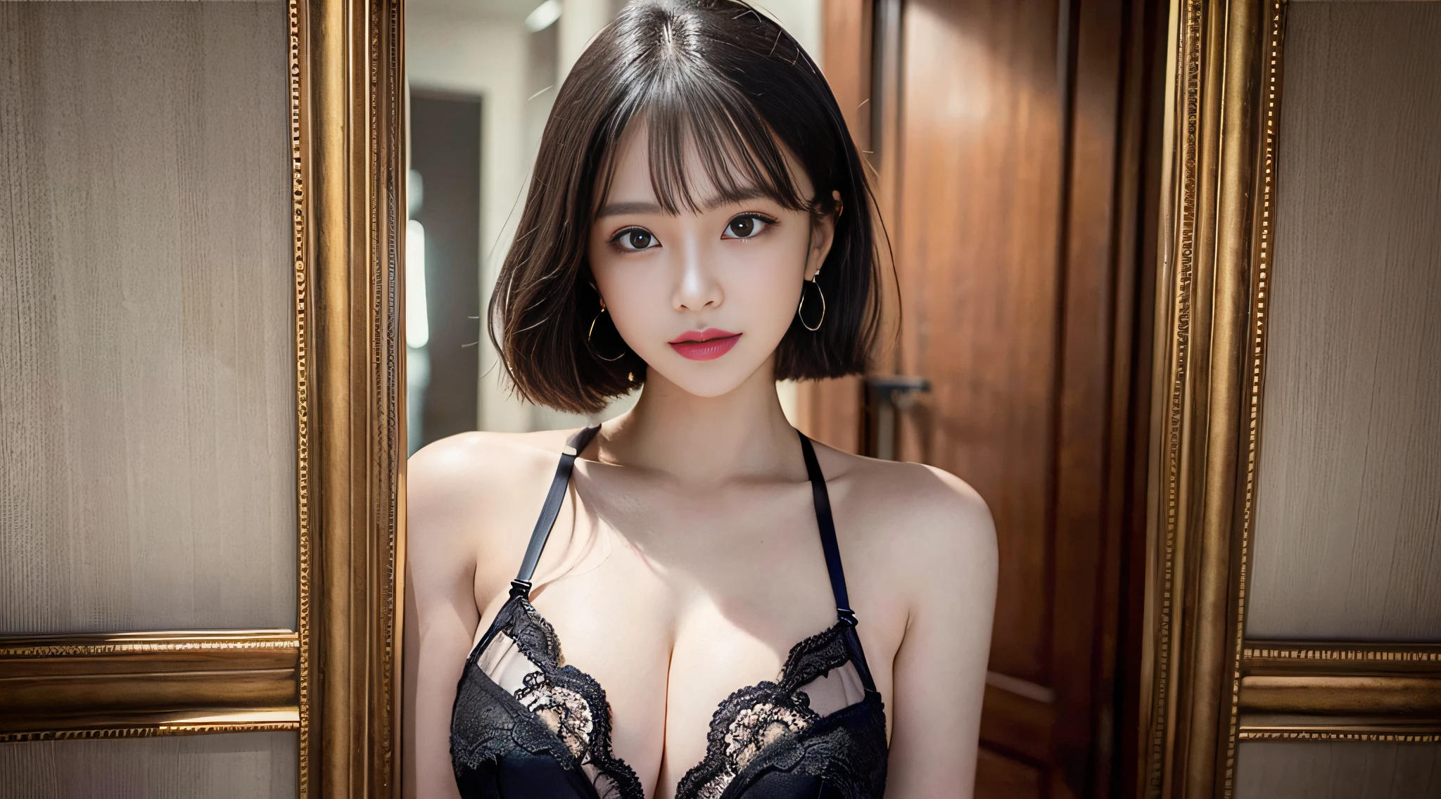 (8k, RAW photo, highest quality, masterpiece:1.2), ultra detail, ultra high resolution, (photorealistic, photorealistic photo:1.37), portrait, high detail RAW color photo, professional photo, extremely delicate and beautiful, extremely detailed, 8k wallpaper, amazing and detailed detail, huge file size, official art, highly detailed CG Unity 8k wallpaper, very detailed beautiful woman, very detailed face, very detailed eyes, very detailed skin, Very detailed fingers, very detailed nose, very detailed mouth, perfect anatomy, very detailed background, very detailed clothes, 1girl, (25 years old:1.2), 20s, cute woman, realistic body, petite, fair skin, radiant skin, slender body, handsome body, black hair, short hair, (blunt bangs:1.2), smile, youth, realistic face, delicate eyes, drooping eyes, lingerie, see-through, earrings, viewer view, cowboy shot, facing front, contraposto, dynamic lighting, very big breasts, cowboy shot, shadow, fashion show, show, dynamic pose