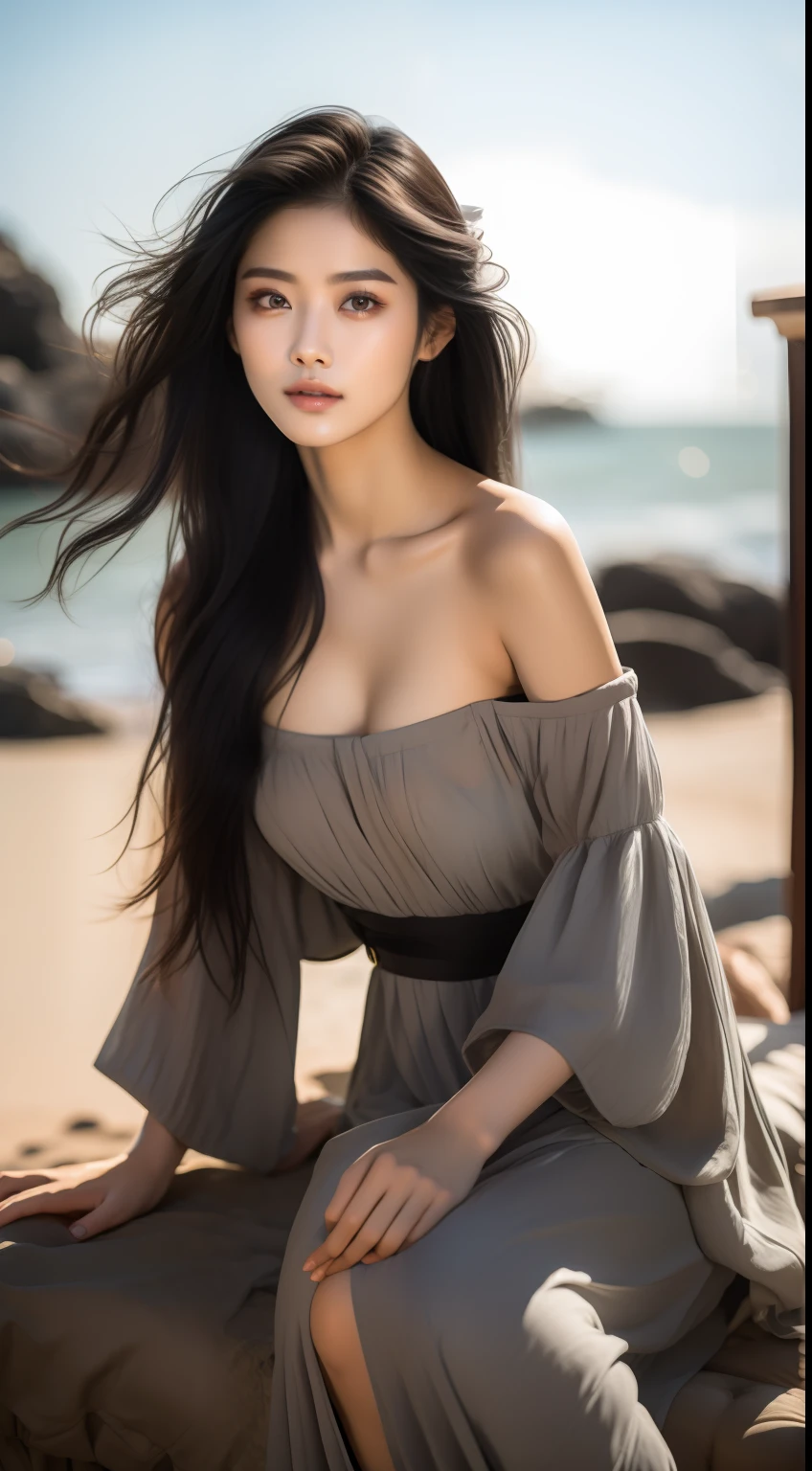 A most exquisite Chinese human beauty, long straight black hair, most exquisite, regular features, most beautiful girl, off-the-shoulder, beautiful girl sitting on the shore, soft, dreamlike quality, light white and dark brown, exaggerated features, solid color, frank Holly, light gray and light brown，realistic，Ultra high Resolution