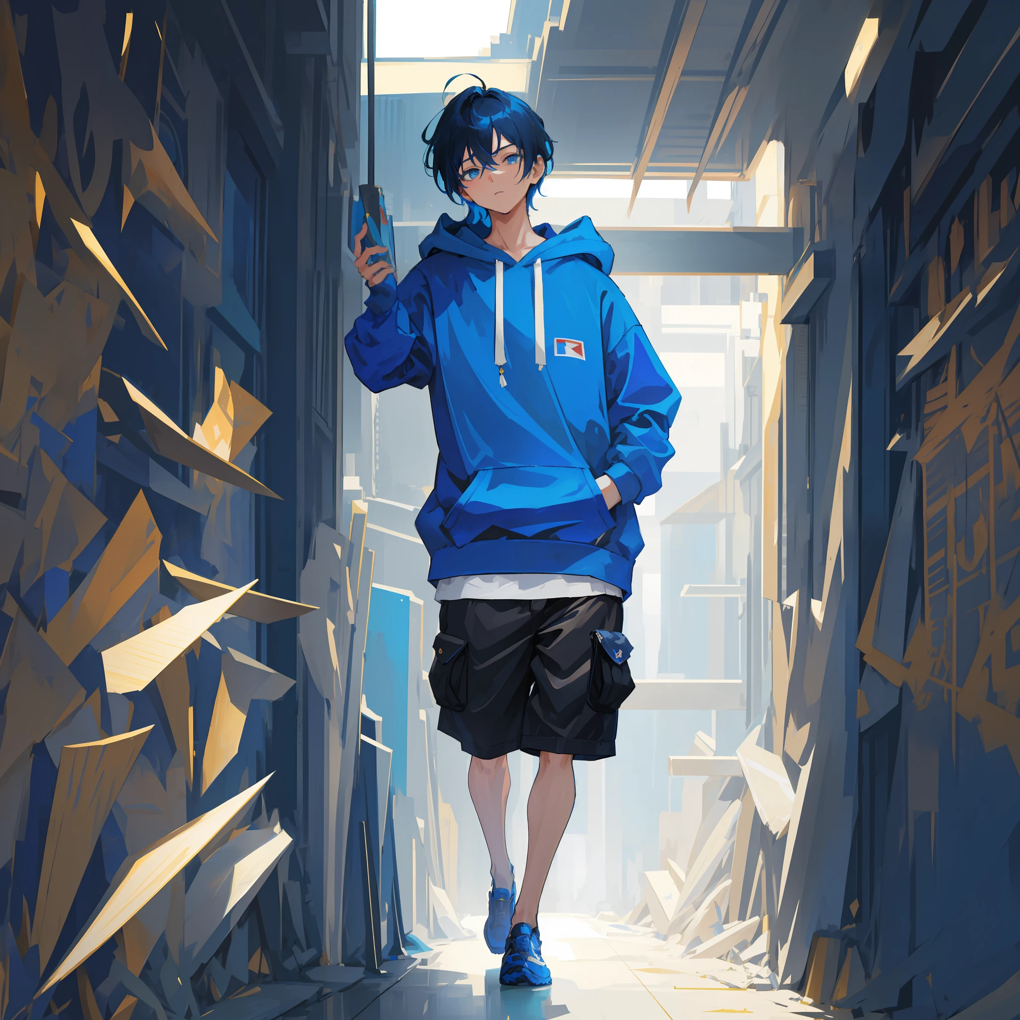"An exquisite masterpiece with the highest quality, showcasing a full-body portrait of a young boy. He is wearing a stylish blue hoodie and has a Boy Messy Japanese Round Haircut for Thick Hair. His hair is a vibrant shade of blue that perfectly complements his black shorts. This artwork focuses on the solo presence of the boy, capturing his unique style and personality."
