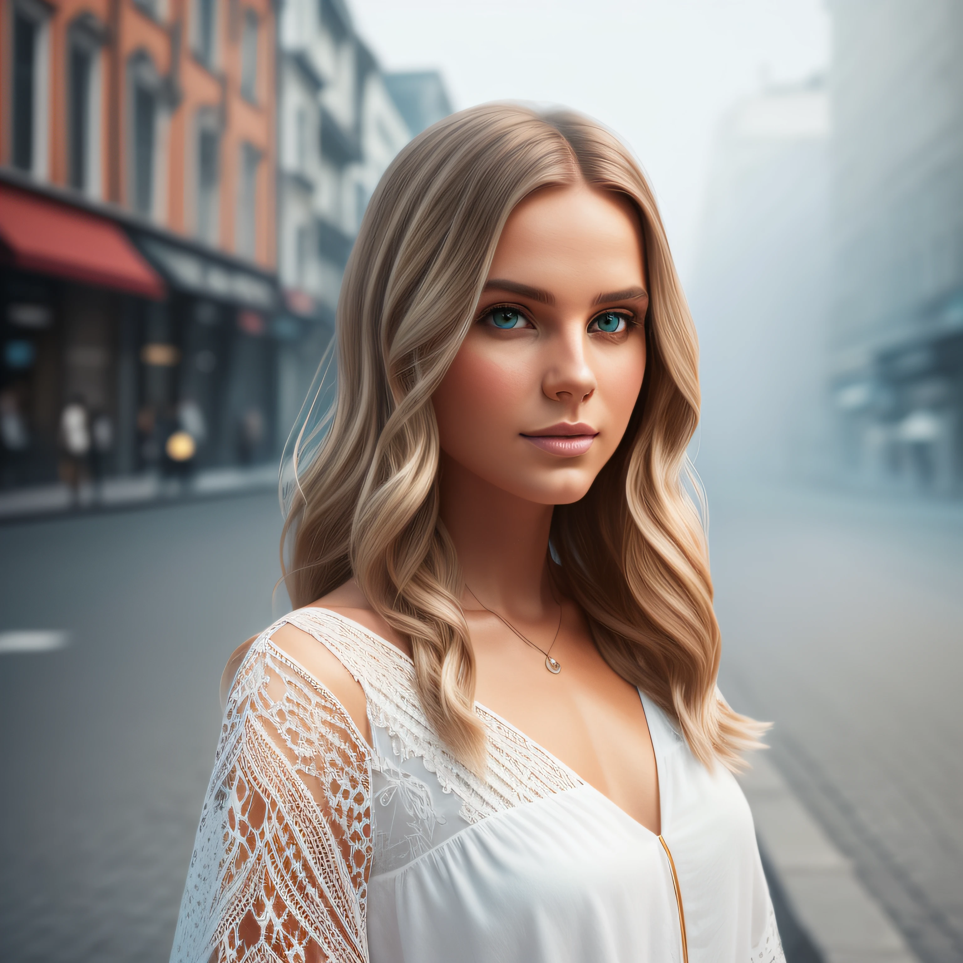 Professional portrait photo of a beautiful Norwegian girl with long wavy blonde hair, seductive flirt look, gorgeous symmetrical face, cute natural makeup, elegant, ((stands outside on a city street in summer)), stunning modern urban environment, ultra-realistic, concept art, elegant, very detailed, intricate, sharp focus, depth of field, f/1.8, 85mm, medium shot, medium shot, (((professional color corrected))), bright, soft diffused light, (volumetric fog), trend on Instagram, HDR 4k, 8k --auto