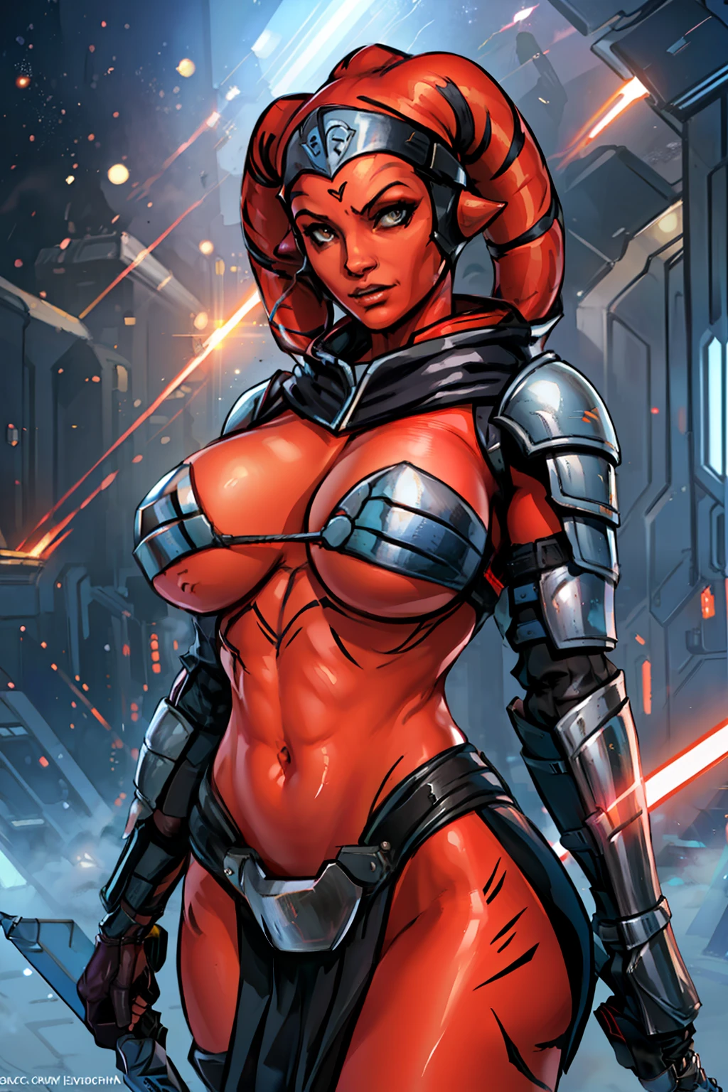 busty, masterpiece, best quality, highly detailed, award winning, high definition, ((red skin), twi'lek), dual red lightsabers, evil space knight, space ninja, (black robes, black stealth armor, breastplate, tunic, tabard, cowl, cloak, body glove, straps, buckles, skirts, long sleeves, fantasy, ((armor))), ((busty), slender body, thin, slim sexy body, slim waist, (((gigantic breasts)))), Imperial starship, Star Wars,