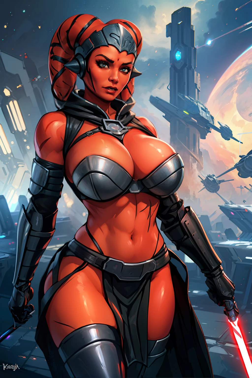 busty, masterpiece, best quality, highly detailed, award winning, high definition, ((red skin), twi'lek), dual red lightsabers, evil space knight, space ninja, (black robes, black stealth armor, breastplate, tunic, tabard, cowl, cloak, body glove, straps, buckles, skirts, long sleeves, fantasy, ((armor))), ((busty), slender body, thin, slim sexy body, slim waist, (((gigantic breasts)))), Imperial starship, Star Wars,