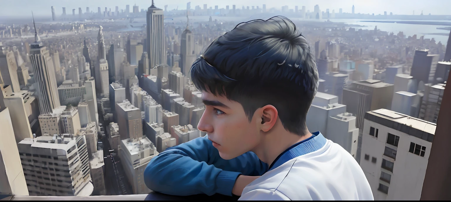 ( el joven esta de perfil mirando una ciudad lo lejos, el pelo es azul lacio,15-year-old white male, su cabello es color azul, viste traje tribale africano con el pecho yla espalda descubierta, esta de perfil en lo alto de un colegio secundaria desde la asotez abserva ala distancia una ciudad esta mirando triste la ciudad de new york