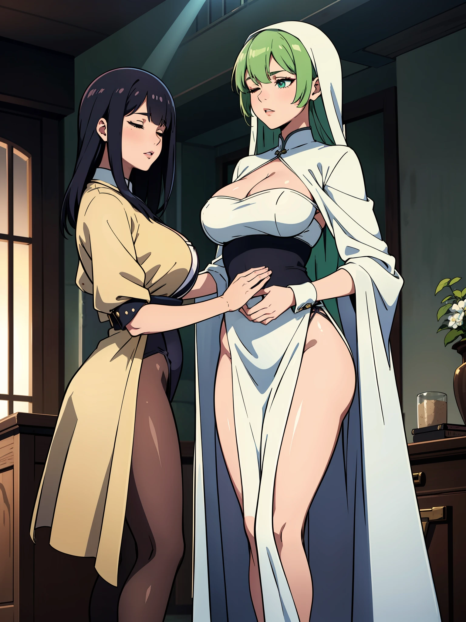 She is a promiscuous person, Mean, slutty,big breasts beautiful,Indecency,Mature super lesbian,Wear ultra-high-end sexy skinny robes,Extremely lewd lesbian bitch style robe。Her whole body wrapped tightly around it。,A piece of paper is compact and eye-catching。She has white and green crossed hair,Long white-green hair,Bangs are particularly long,Completely covered her eyes, No one can see the eyes,It gives a mysterious feeling。 The curves of her body are very beautiful and advanced,Perfectly displayed under the uniform of a bitch。Especially her elegant mature ass is wider than her shoulders,It gives an irresistible appeal。The whole body of a plump mature woman like a saint is wrapped in a white-green substance,Able to cling to her skin,Highlight her charming curves。The main body color is pure white,It symbolizes the path of depravity and obscenity,Harmonizes with the robes that female dogs usually wear。 Skinny leather cuffs、The green trim at the neckline and hem adds a touch of vitality and dynamism to the whole,It breathes a touch of life into the bitch's clothes。This skinny robe fits perfectly,It can highlight the contours and graceful lines of the sexy body,Often sexually harasses other women like her,((masterpiece)), (((best quality))),((((bangs that completely cover the eyes.)))),
a beautiful yet timid woman descends silently. Cloaked in a supremely exquisite Death's attire, she envelops her delicate figure in a superlative, form-fitting leather suit, radiating a mesmerizing charm and an aura of mystery.
Her long, cascading tresses, a captivating blend of white and green, flow like a waterfall, veiling her eyes from sight. The lush strands that hang beneath her fringe completely conceal her deep, enigmatic gaze, impervious even to the sun's rays, leaving her hidden secrets locked away behind an impenetrable veil.
This mature and incredibly fragile woman stands as a distinguished representative in the realm of death, wielding extraordinary intellect and unparall