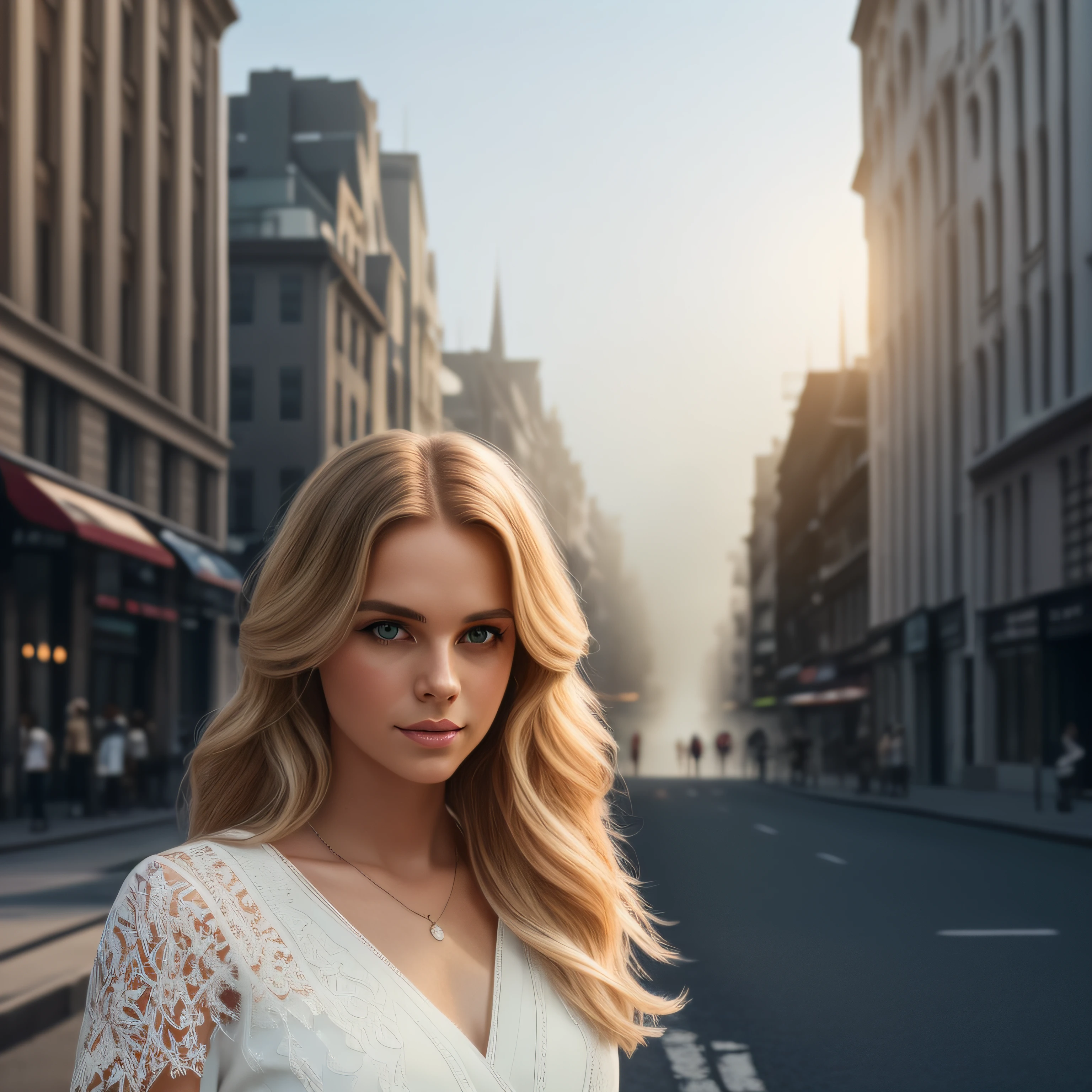 Professional portrait photo of a beautiful Norwegian girl with long wavy blonde hair, seductive flirt look, gorgeous symmetrical face, cute natural makeup, elegant, ((stands outside on a city street in summer)), stunning modern urban environment, ultra-realistic, concept art, elegant, very detailed, intricate, sharp focus, depth of field, f/1.8, 85mm, medium shot, medium shot, (((professional color corrected))), bright, soft diffused light, (volumetric fog), trend on Instagram, HDR 4k, 8k --auto