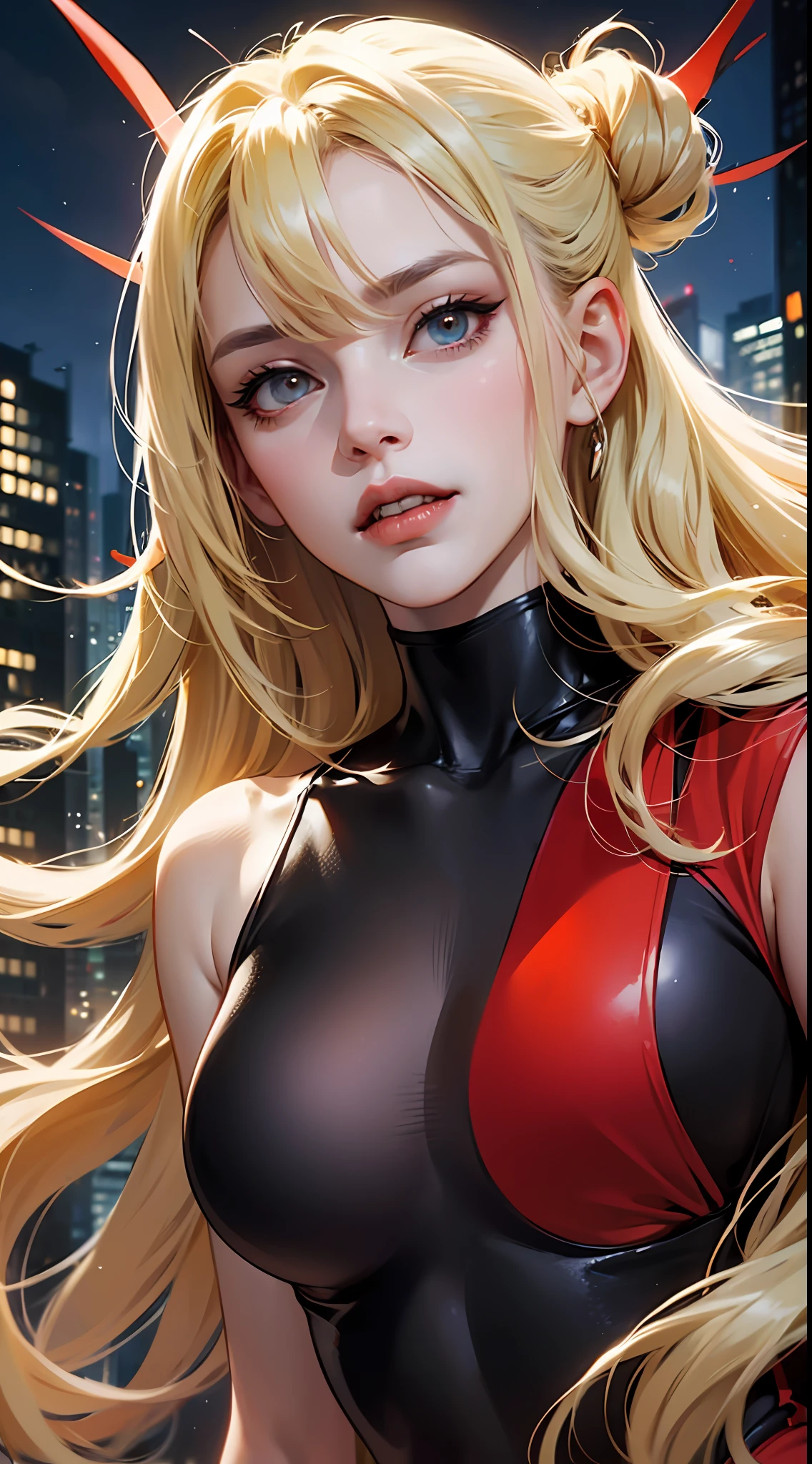 Seductive Red Rogue」Sensual vampire in short red clothes、tights、Staring at the viewer、Flowing blonde hair、menacing gaze、Sparkling vampire fangs、Stain her pale face、Large, Sharp claws are ready to pounce、In a dark vision of the city at night