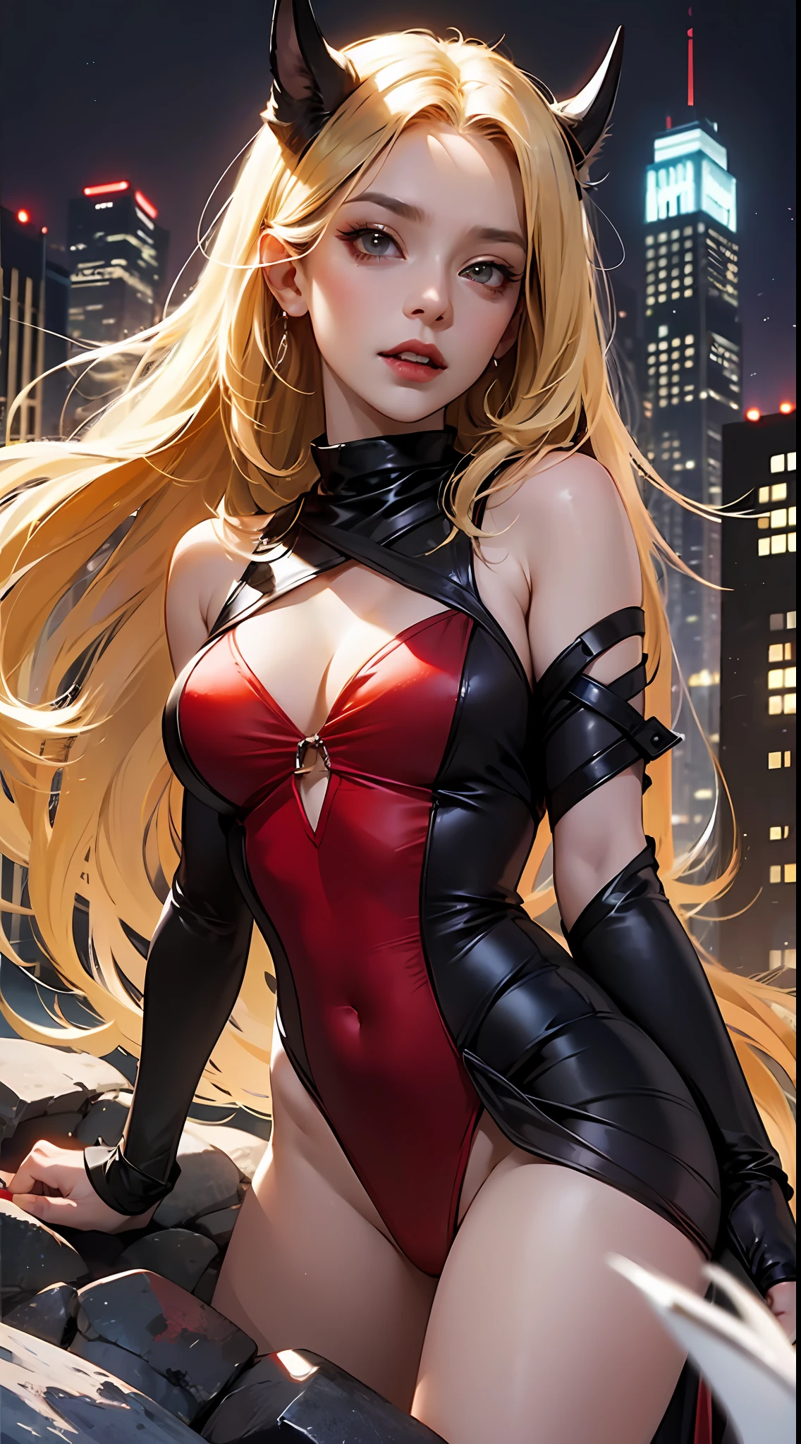 Seductive Red Rogue」Sensual vampire in short red clothes、tights、Staring at the viewer、Flowing blonde hair、menacing gaze、Sparkling vampire fangs、Stain her pale face、Large, Sharp claws are ready to pounce、In a dark vision of the city at night