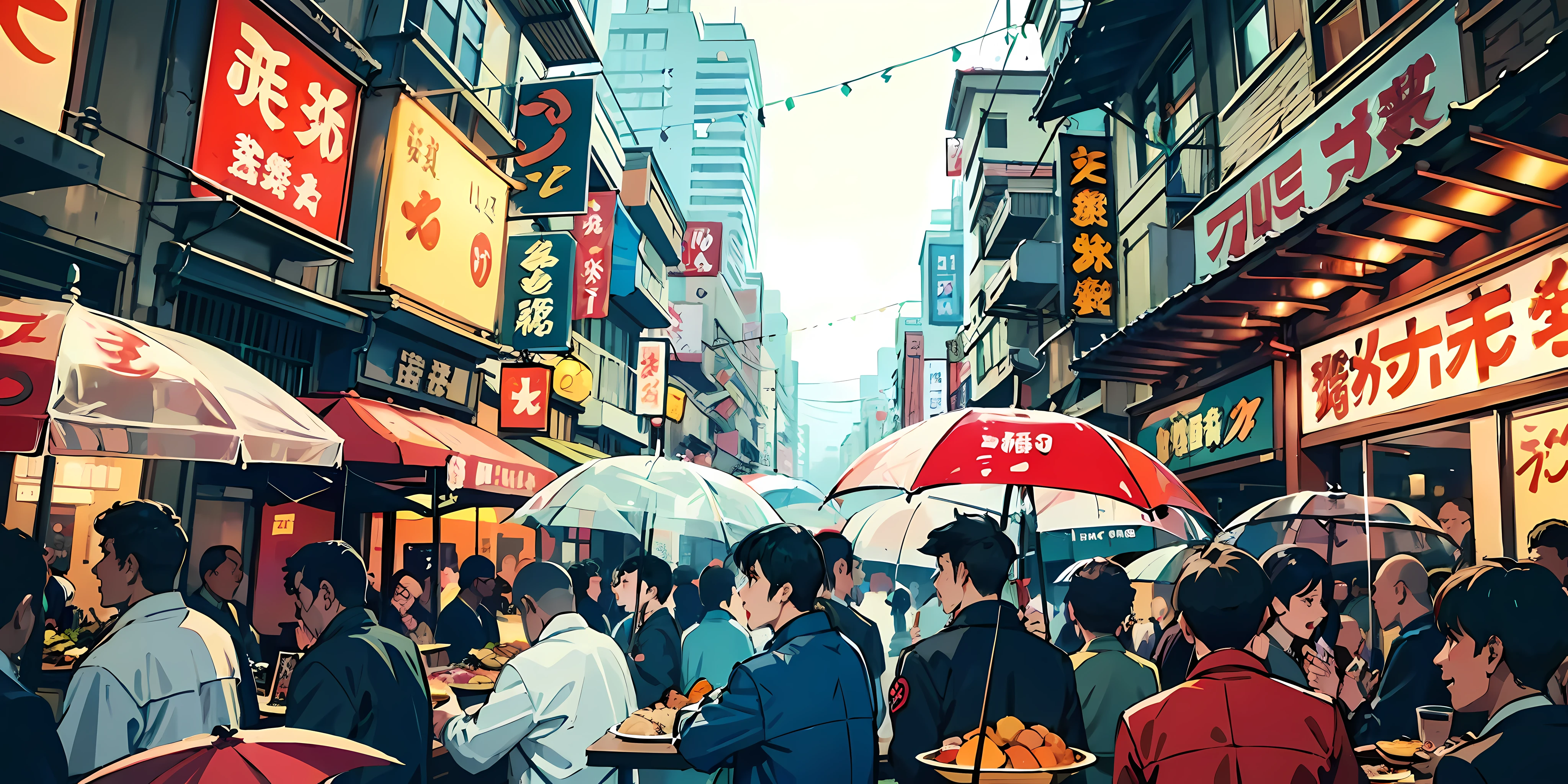 Captivating rainy day street atmosphere, bustling with life and vibrant energy, indulging in a mouth-watering oden feast, joyous scenes filled with lively young boys.