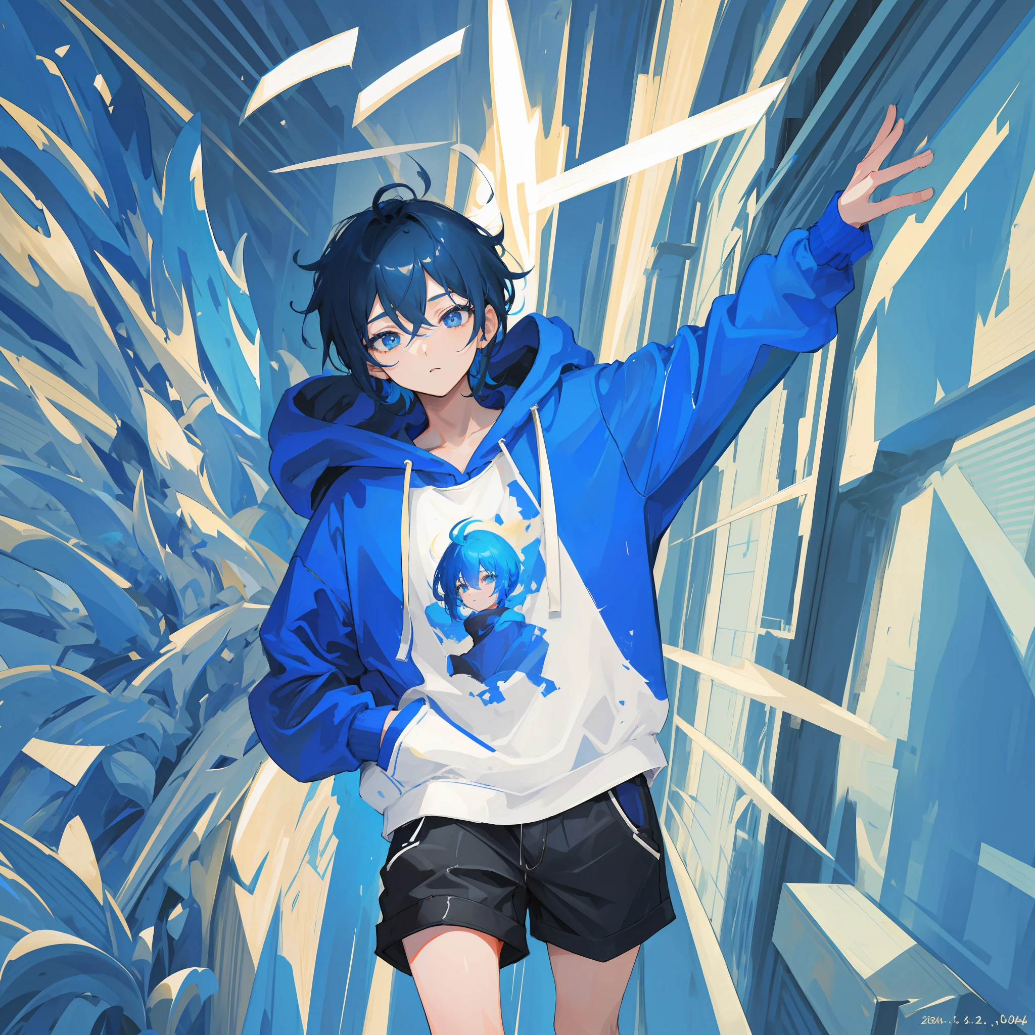 Anime Junge in blauer Jacke und schwarzen Shorts der vor einer blauen Wand steht SeaArt AI