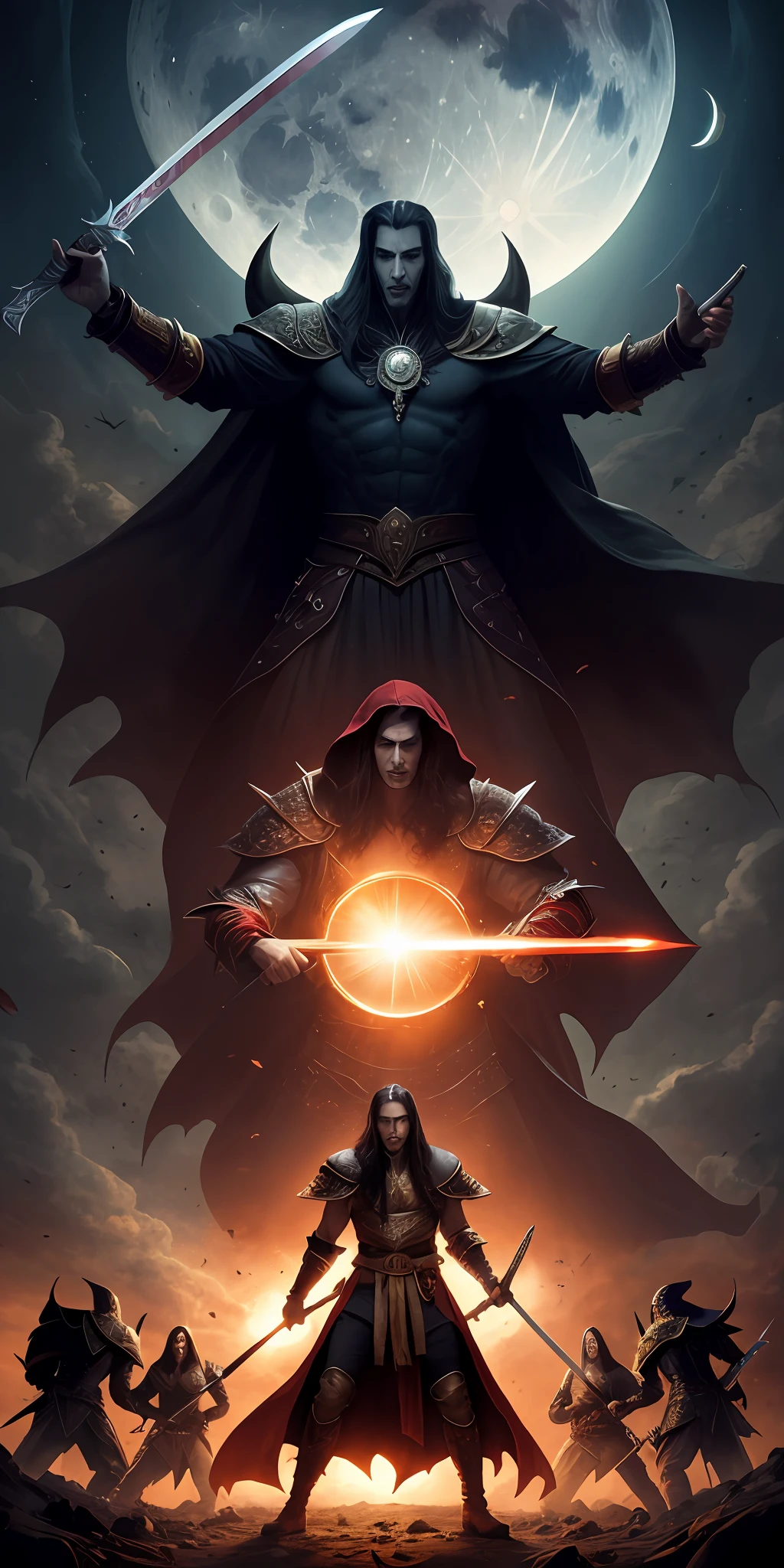 Uma imagem realista do Mulher Morena lord of shadow, in the middle of a battlefield with several fallen soldiers bleeding with the light of the moon reflecting and dracula with a sword in hand and with a smile very Nice and Beautiful