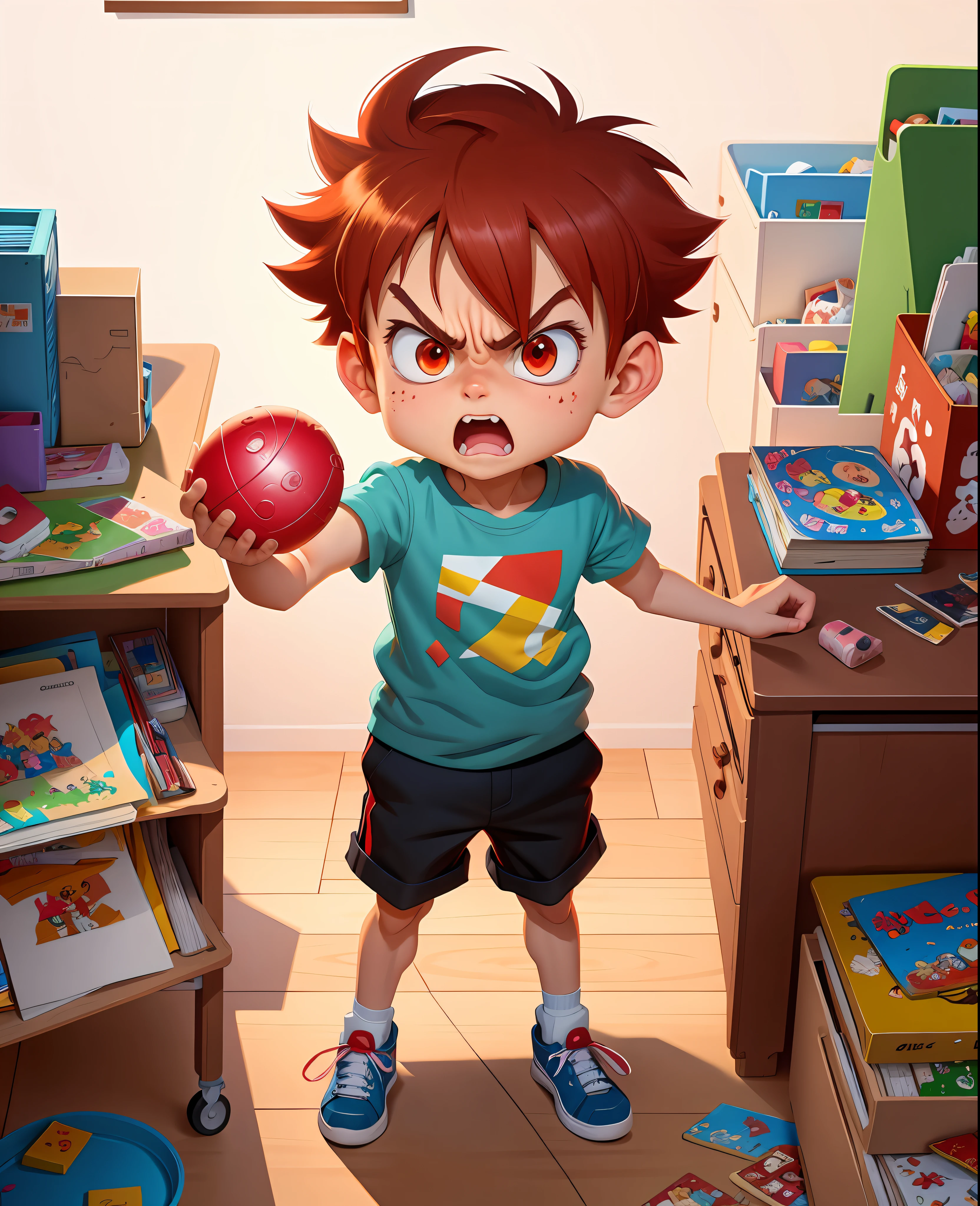 Cartoon boy angrily throws things in the messy room，Expression of anger，Children's picture books，Children's storybook illustration，red tint，High-quality fanart, Detailed fandom, childrens art in artstation, official fanart, 2D illustration, 2D illustration, cute artwork, cel - shaded art style, [forgetful], Shading!!!