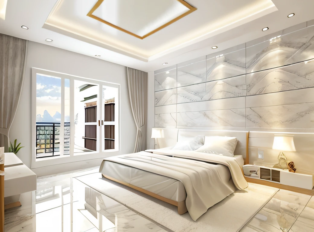 ["Masterpiece, high quality, best quality, authentic, super realistic, super detail, interior, modern bedroom, rug, wooden floor, window, curtains, daylight, vray"](, flat plaster ceiling, glossy white marble floor, open pose, flat plaster ceiling, 1 more wall painting, Level flat plaster ceiling (full white), felt wall