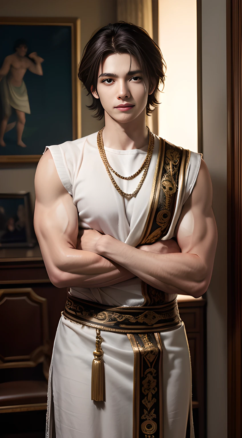 ((Men only)), (Cowboy Shot), (Handsome muscular ancient Roman man in his 20s ), Man in ancient Rome wore a tunic, Gracefully draped with toga, And their hair, Often short, Complemented by laurel wreath, gold, Red, Blue, Green, Mischievous smile, (detaile: 1 in 1), Natural muscles, HIG quality, beautidful eyes, (Detailed face and eyes), (Face、: 1 / 2), Noise, Real Photographics、... .......................................................................PSD, Sharp Focus, High resolution 8K, realisitic & Professional Photography, 8K UHD, Soft lighting, High quality, Film grain, FujifilmXT3