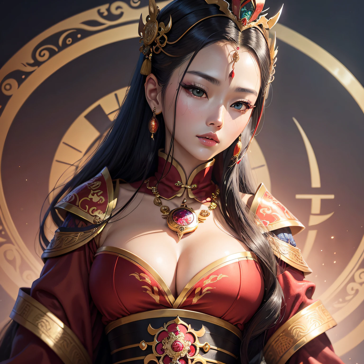 Chinese Empress, Wu Zetian, a beautiful women, the supreme throne, Large scene, majesty, nobility, crimson robe, golden phoenix embroidery, jewel-encrusted crown,high platform, massive mural, scenic landscapes, rivers, green mountains, gemstones, pearls, determined gaze, film texture, Depth of Field, Warm Color Palette, 2-Dimensional, Extreme close-up, buttom view --ar 3:4 --q 4 50 --niji 5 --auto --s 2